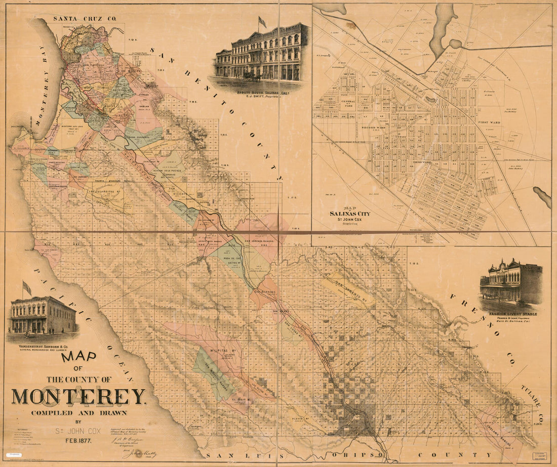 This old map of Map of the County of Monterey,California from 1877 was created by St. John Cox, T. C. Markley in 1877