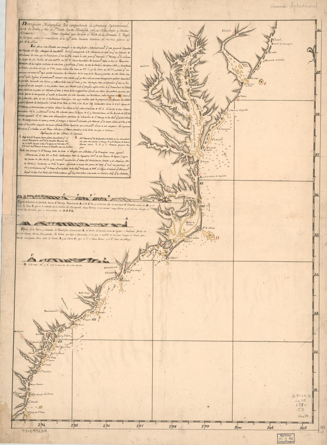 This old map of Descripcion Hidografica, Que Comprehende La America Septentrional, Desde La Punta, Y Rio De Sn. Juan, Hasta Filadelfia, Con Sus Yslas, Bajos Y Sondas Adjacentes: from 1780 was created by Jošef Del Campo in 1780