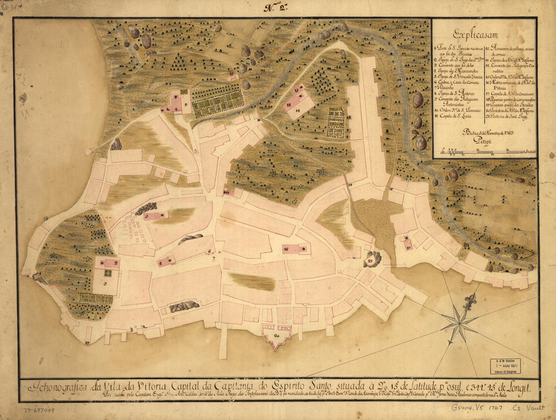 This old map of Ichonografica Da Vila Da Vitoria, Capital Da Capitania Do Espirito Santo from 1767 was created by José Antonio Caldas in 1767