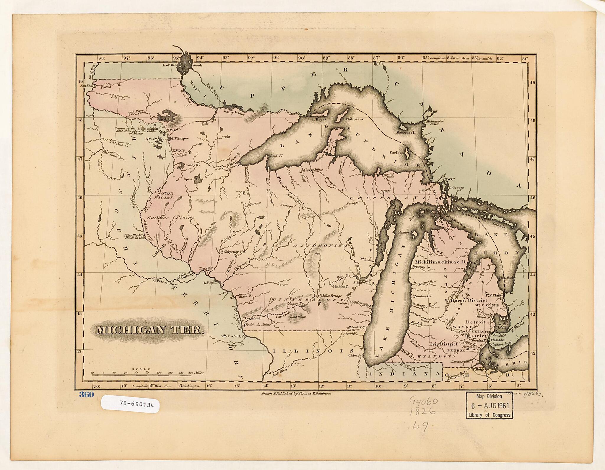 This old map of Michigan Ter from 1826 was created by Fielding Lucas, B. T. (Bartholomew Trow) Welch in 1826