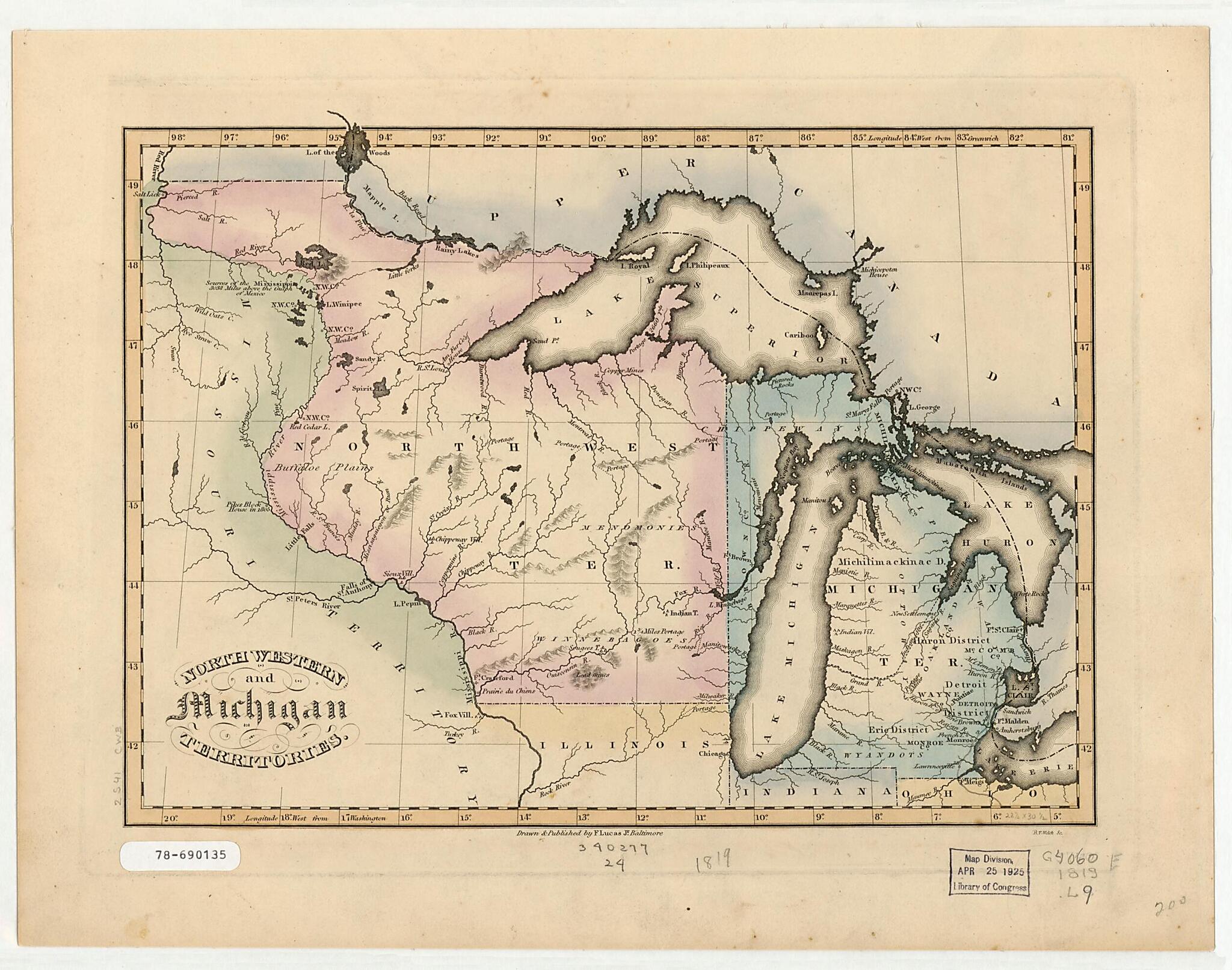 This old map of North Western and Michigan Territories from 1819 was created by Fielding Lucas, B. T. (Bartholomew Trow) Welch in 1819