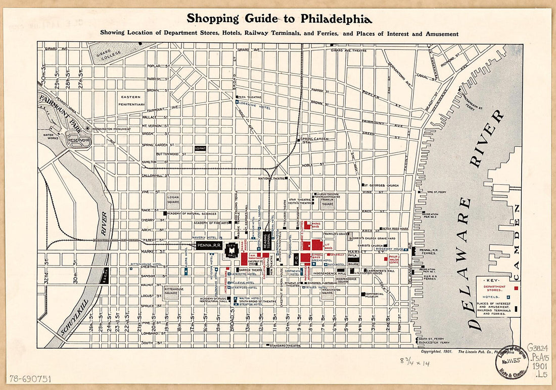 This old map of Shopping Guide to Philadelphia, Showing Location of Department Stores, Hotels, Railway Terminals, and Ferries, and Places of Interest and Amusement from 1901 was created by Philadelphia Lincoln Pub. Co. in 1901