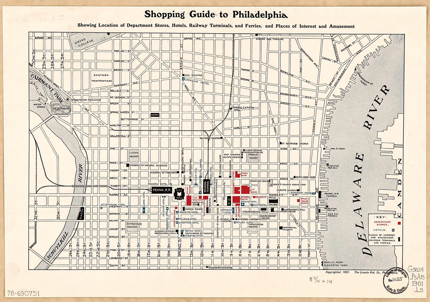 This old map of Shopping Guide to Philadelphia, Showing Location of Department Stores, Hotels, Railway Terminals, and Ferries, and Places of Interest and Amusement from 1901 was created by Philadelphia Lincoln Pub. Co. in 1901