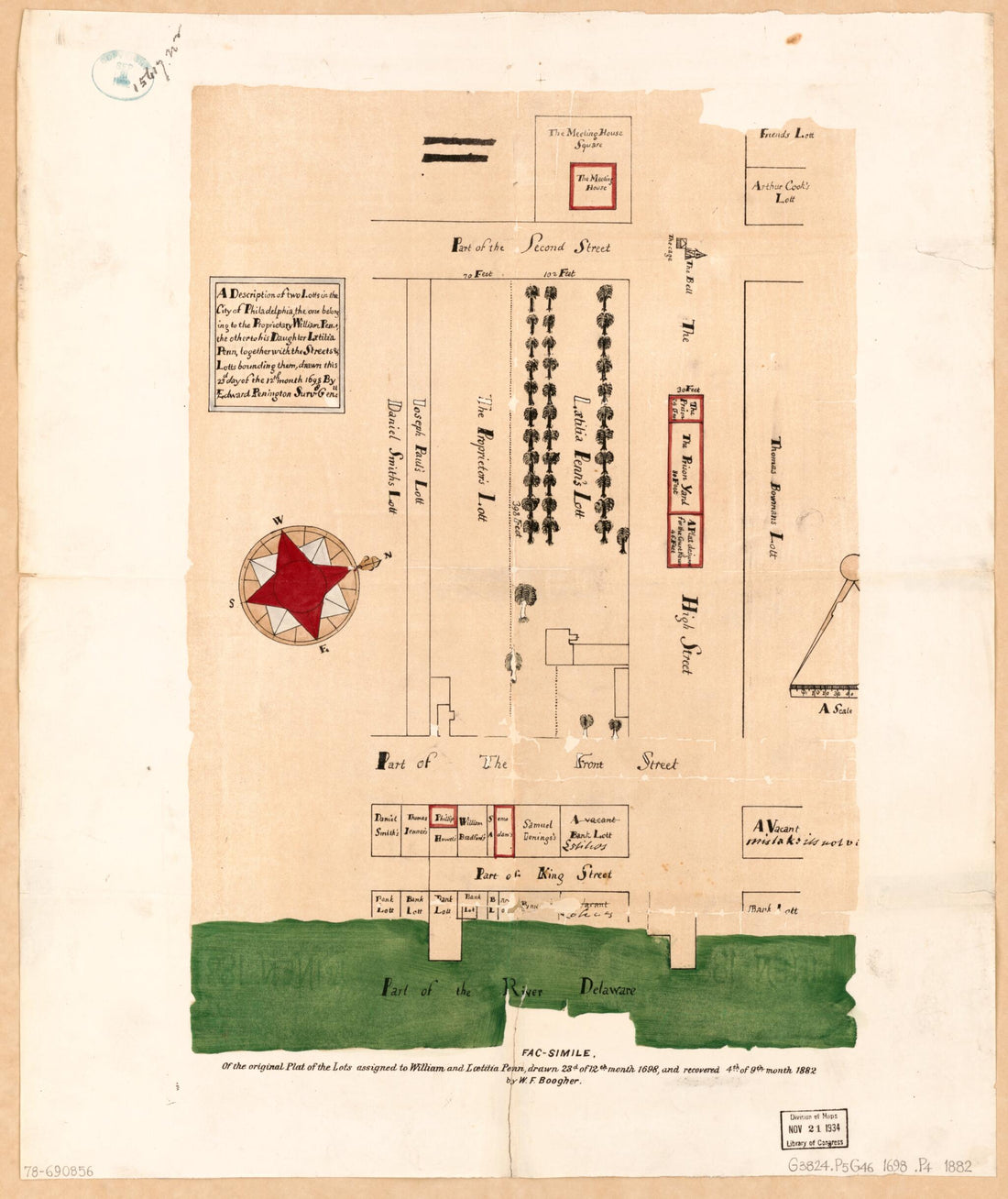 This old map of A Description of Two Lotts In the City of Philadelphia, the One Belonging to the Proprietary, William Penn, the Other to His Daughter, Lætitia Penn, Together With the Streets &amp; Lotts Bounding Them from 1882 was created by William Fletche