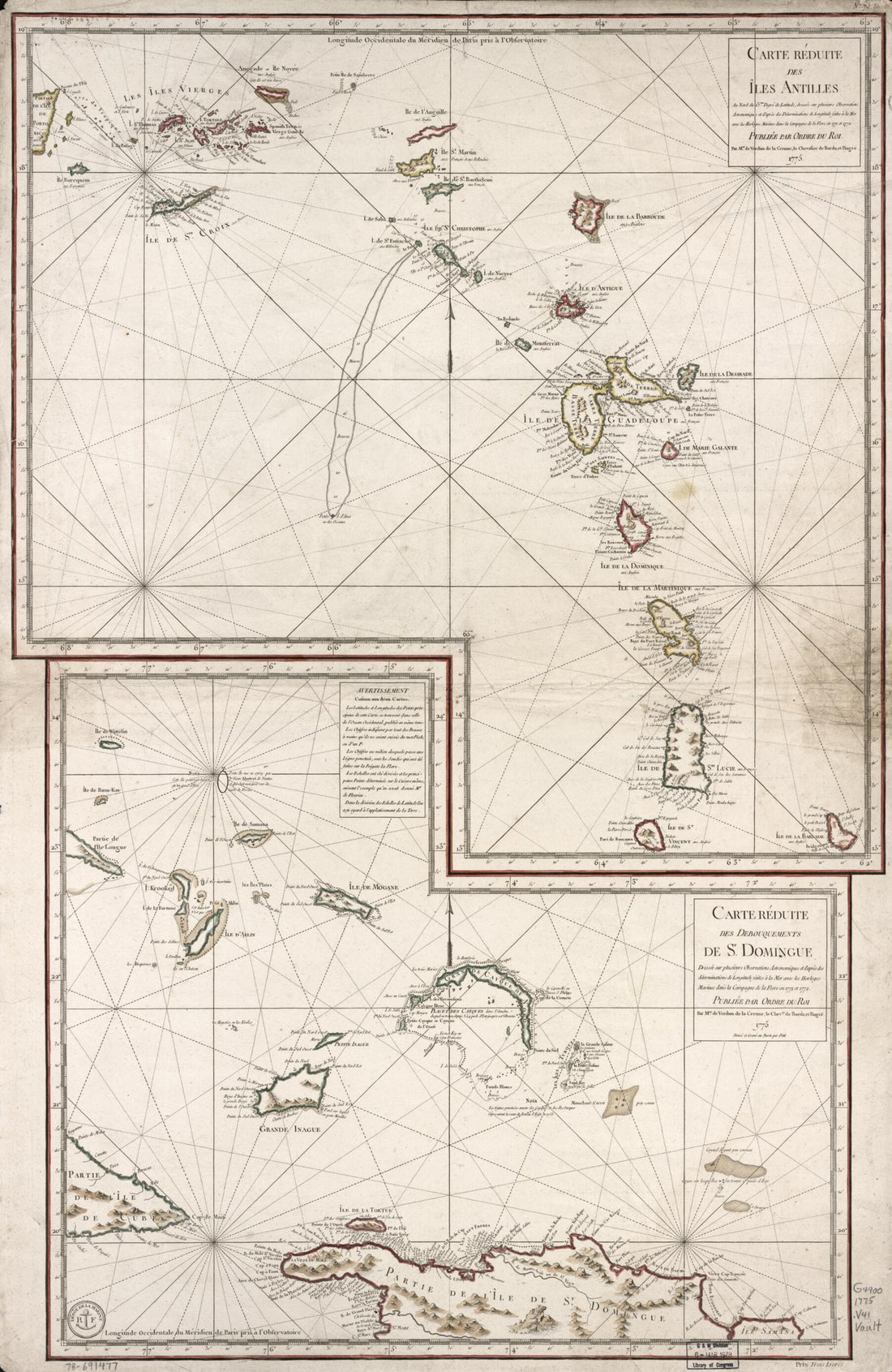 This old map of Carte Réduite Des îles Antilles : Au Nord Du 13me. Degré De Latitude ; Carte Réduite Des Debouquements De St. Domingue from 1775 was created by Jean Charles De Borda,  Petit, Alexandre Guy Pingré, Jean René Antoine Verdun De La Cren