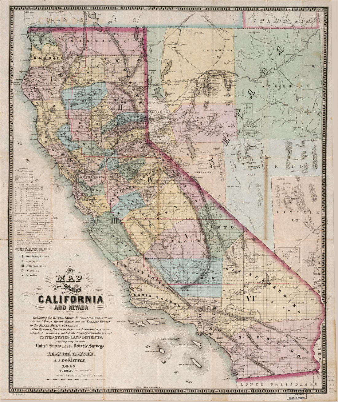 This old map of A New Map of the States of California and Nevada, Exhibiting the Rivers, Lakes, Bays, and Islands, With the Principal Towns, Roads, Railroads, and Transit Routes to the Silver Mining Districts; Also Meridian, Standard, Range and Township 