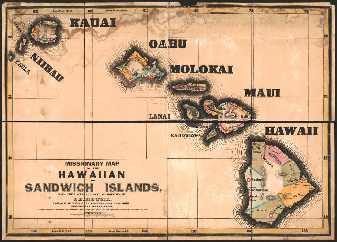 This old map of Missionary Map of the Hawaiian Or Sandwich Islands, from the Latest and Best Authorities from 1846 was created by O. B. (Oliver Beckwith) Bidwell, W. H. (Walter Hilliard) Bidwell in 1846