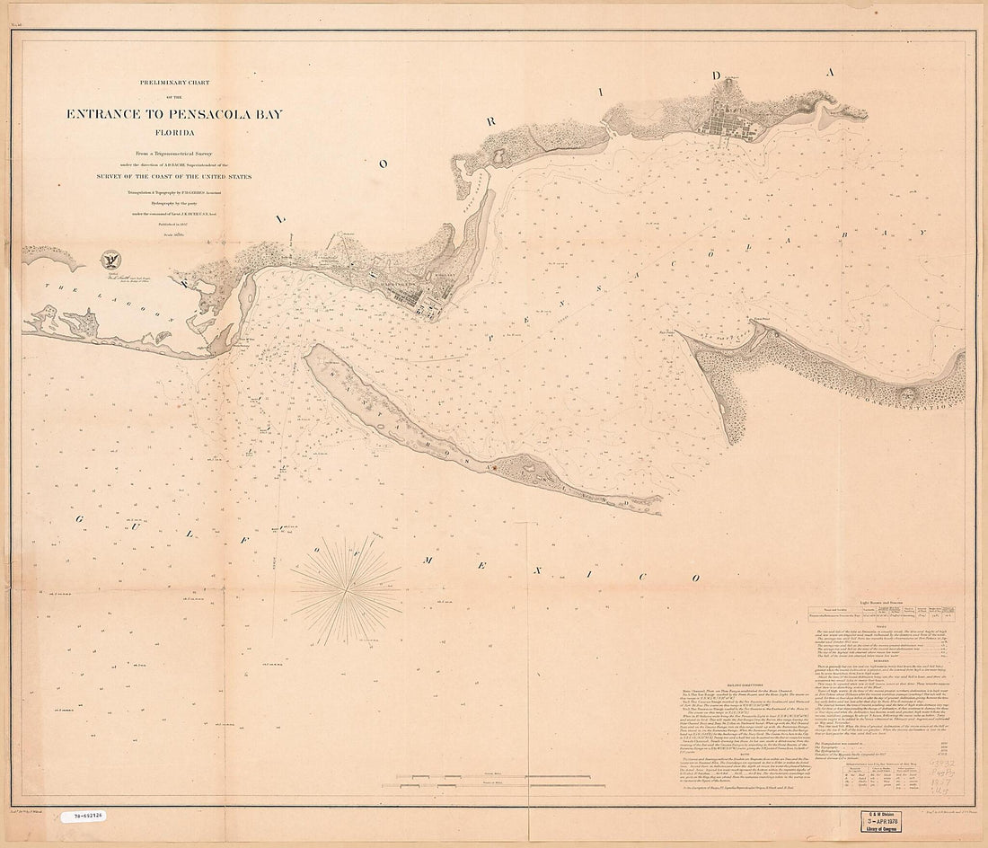 This old map of Preliminary Chart of the Entrance to Pensacola Bay, Florida from 1857 was created by A. D. (Alexander Dallas) Bache,  U.S. Coast and Geodetic Survey in 1857