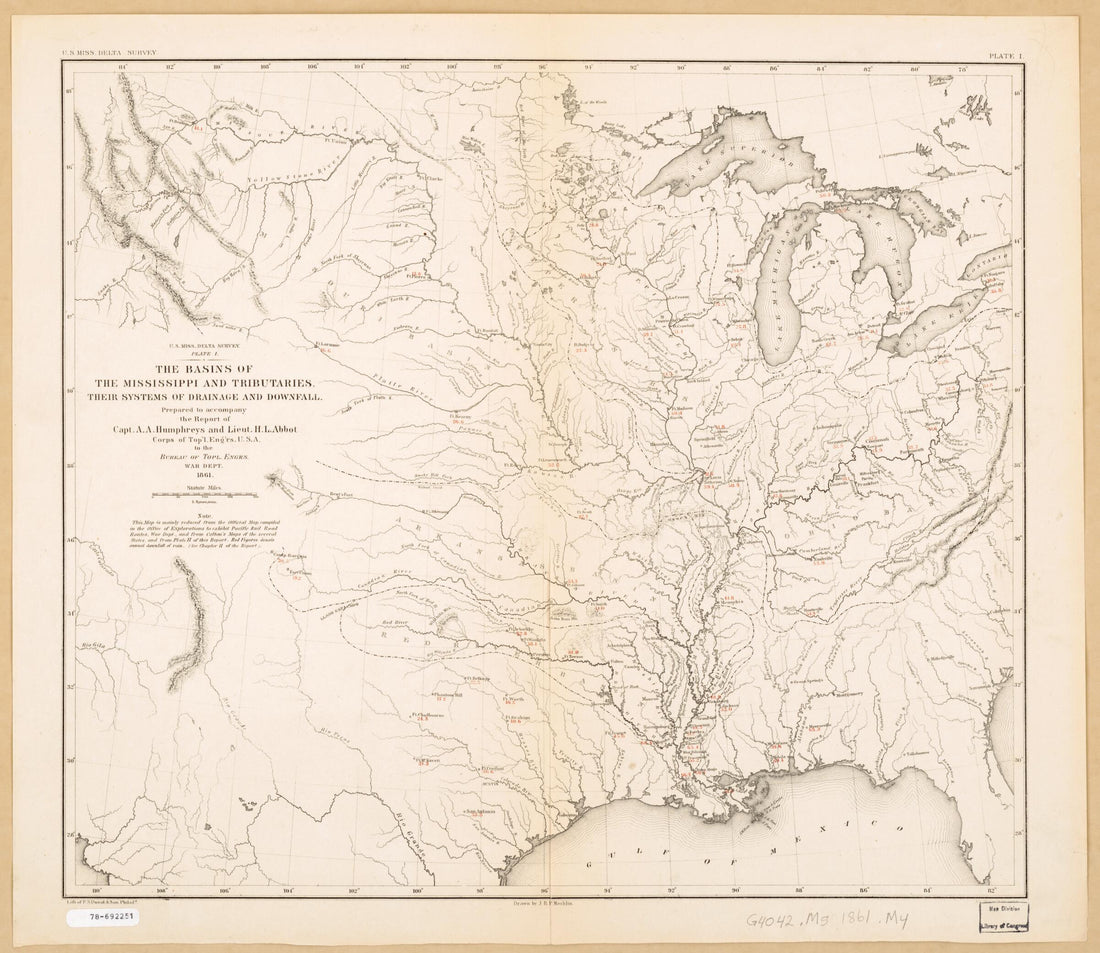 This old map of The Basins of the Mississippi and Tributaries, Their Systems of Drainage and Downfall from 1861 was created by J. R. P. Mechlin,  P.S. Duval &amp; Son, J. C. Shoemaker,  United States. Army. Corps of Topographical Engineers in 1861