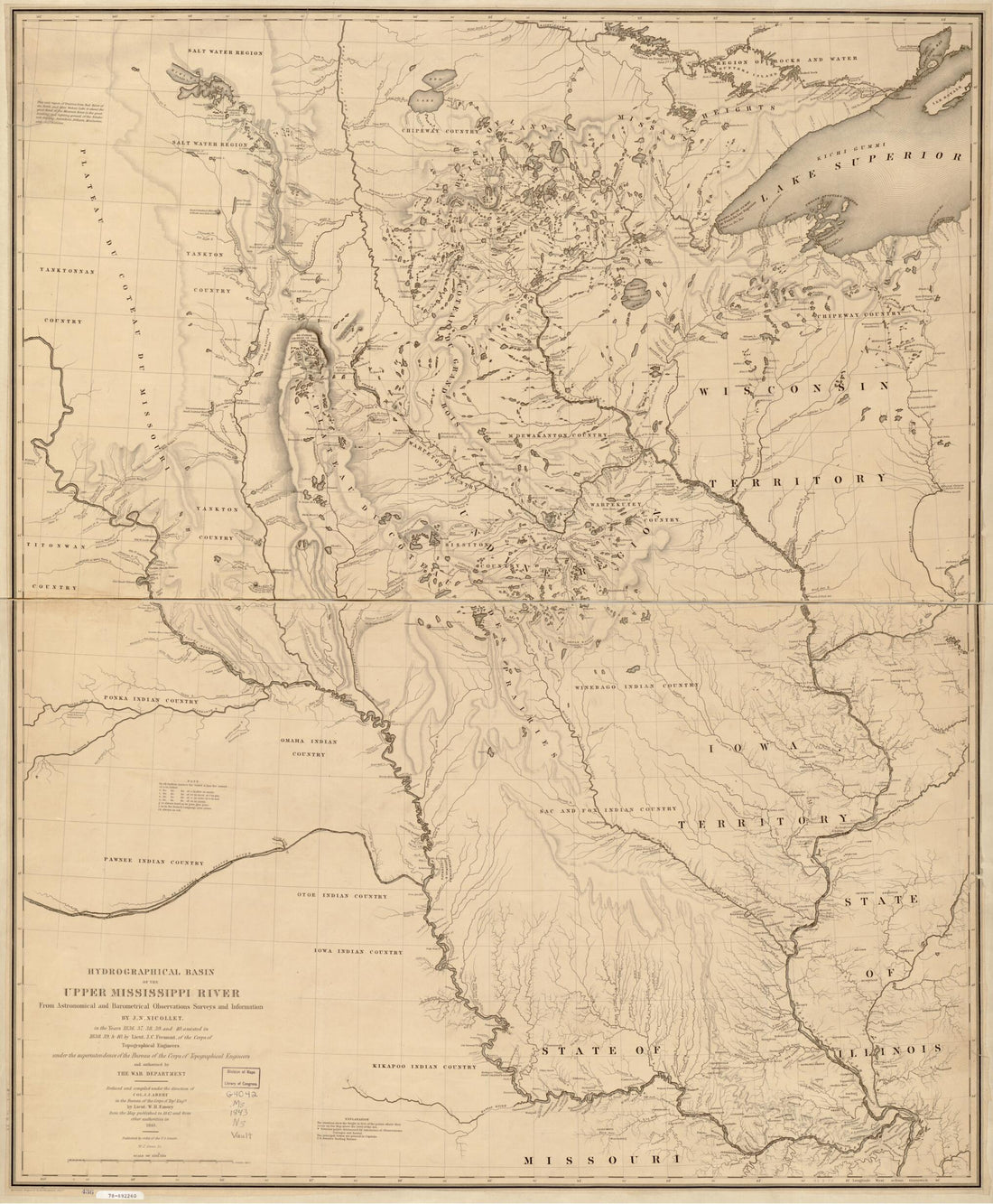 This old map of Hydrographical Basin of the Upper Mississippi River from Astronomical and Barometrical Observations, Surveys, and Information from 1843 was created by John Charles Frémont, J. N. (Joseph Nicolas) Nicollet, William James Stone in 1843