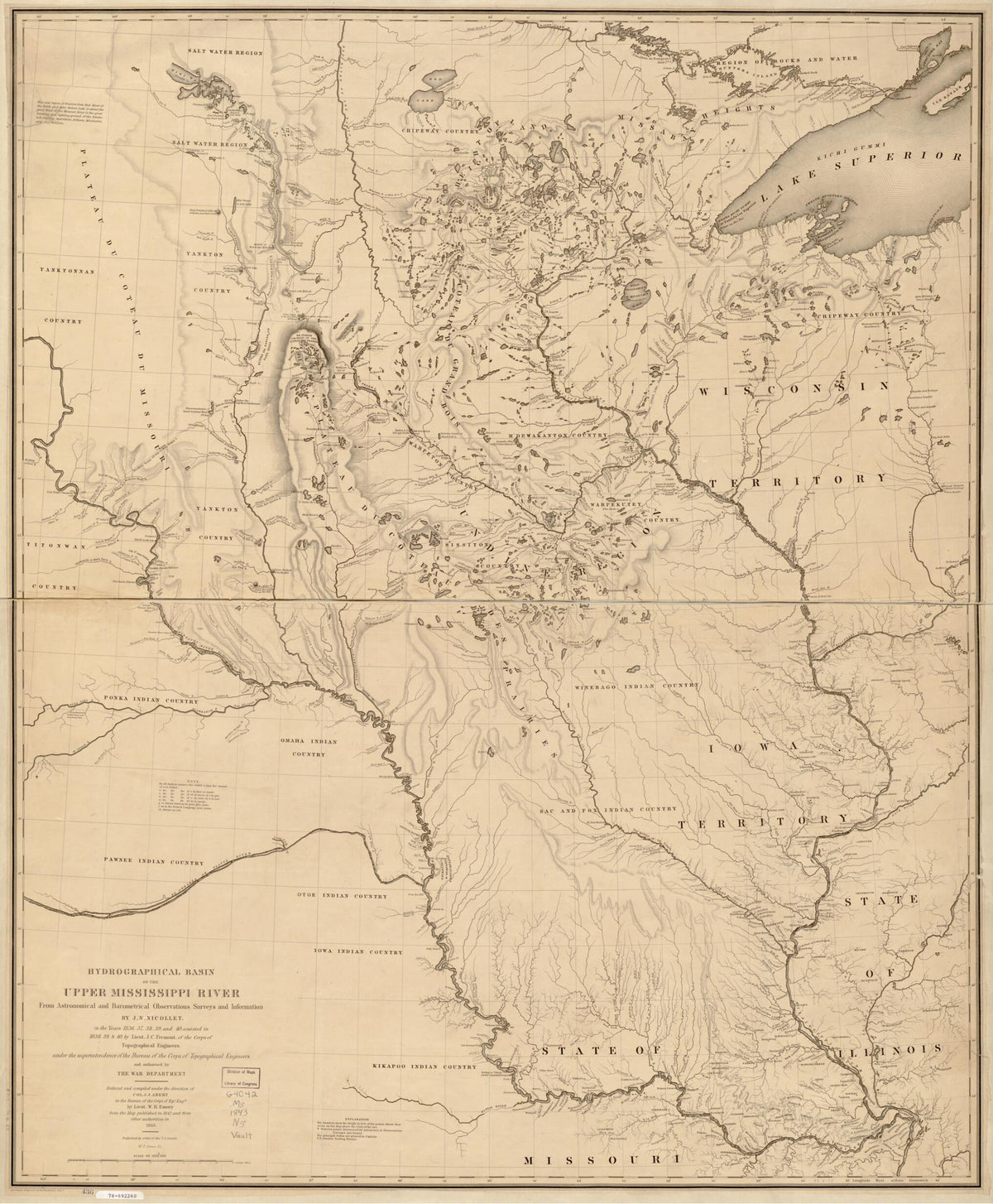 Hydrographical Basin of the Upper Mississippi River from Astronomical and Barometrical Observations, Surveys, and Information 1843 by Relic Map Company