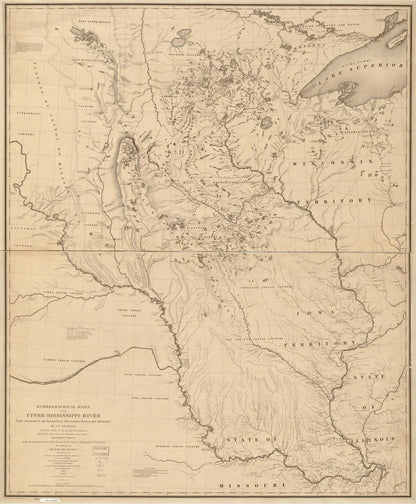 Hydrographical Basin of the Upper Mississippi River from Astronomical and Barometrical Observations, Surveys, and Information 1843 by Relic Map Company
