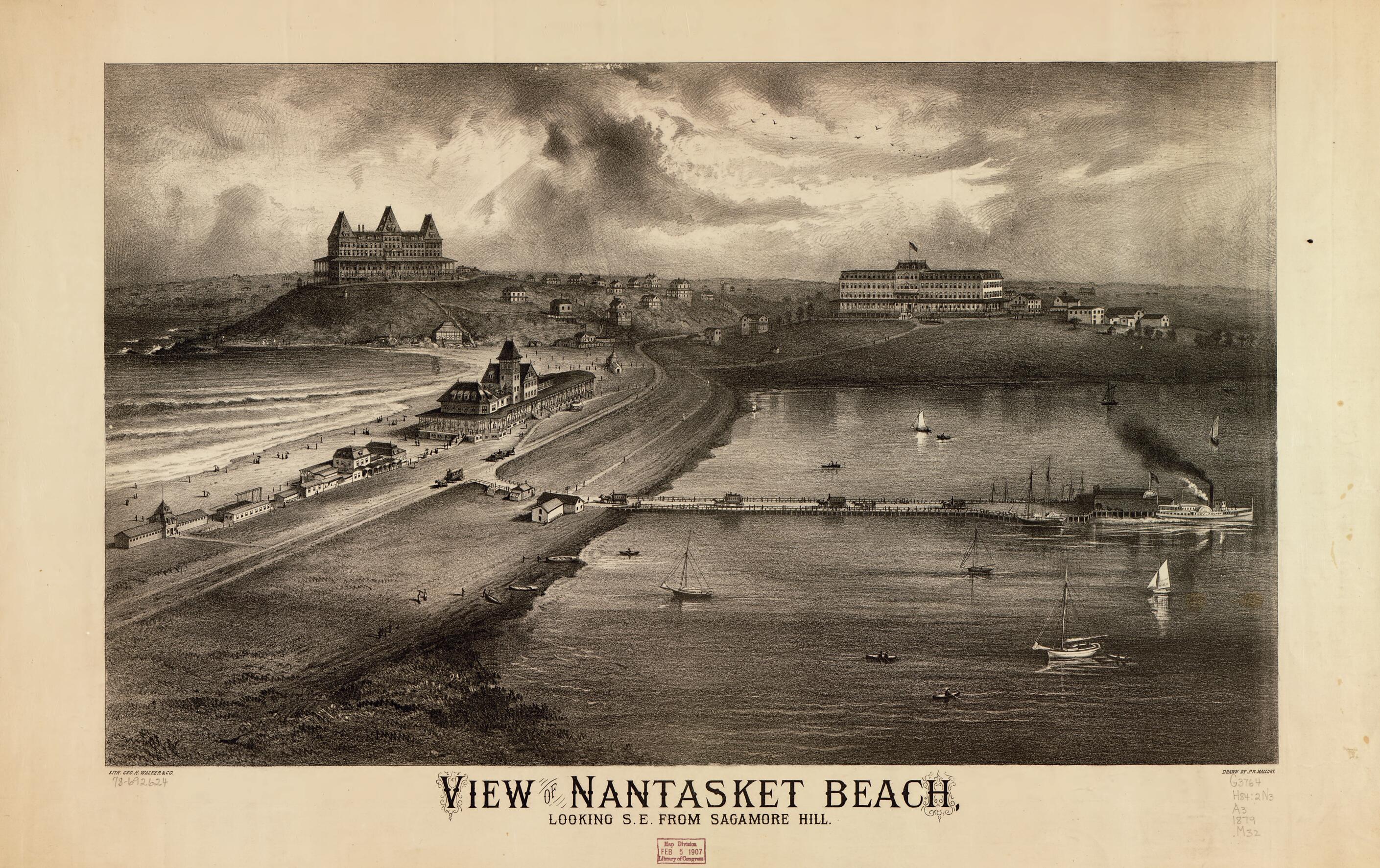 This old map of View of Nantasket Beach, Looking S.E. from Sagamore Hill from 1879 was created by  Geo. H. Walker &amp; Co, Richard P. Mallory in 1879