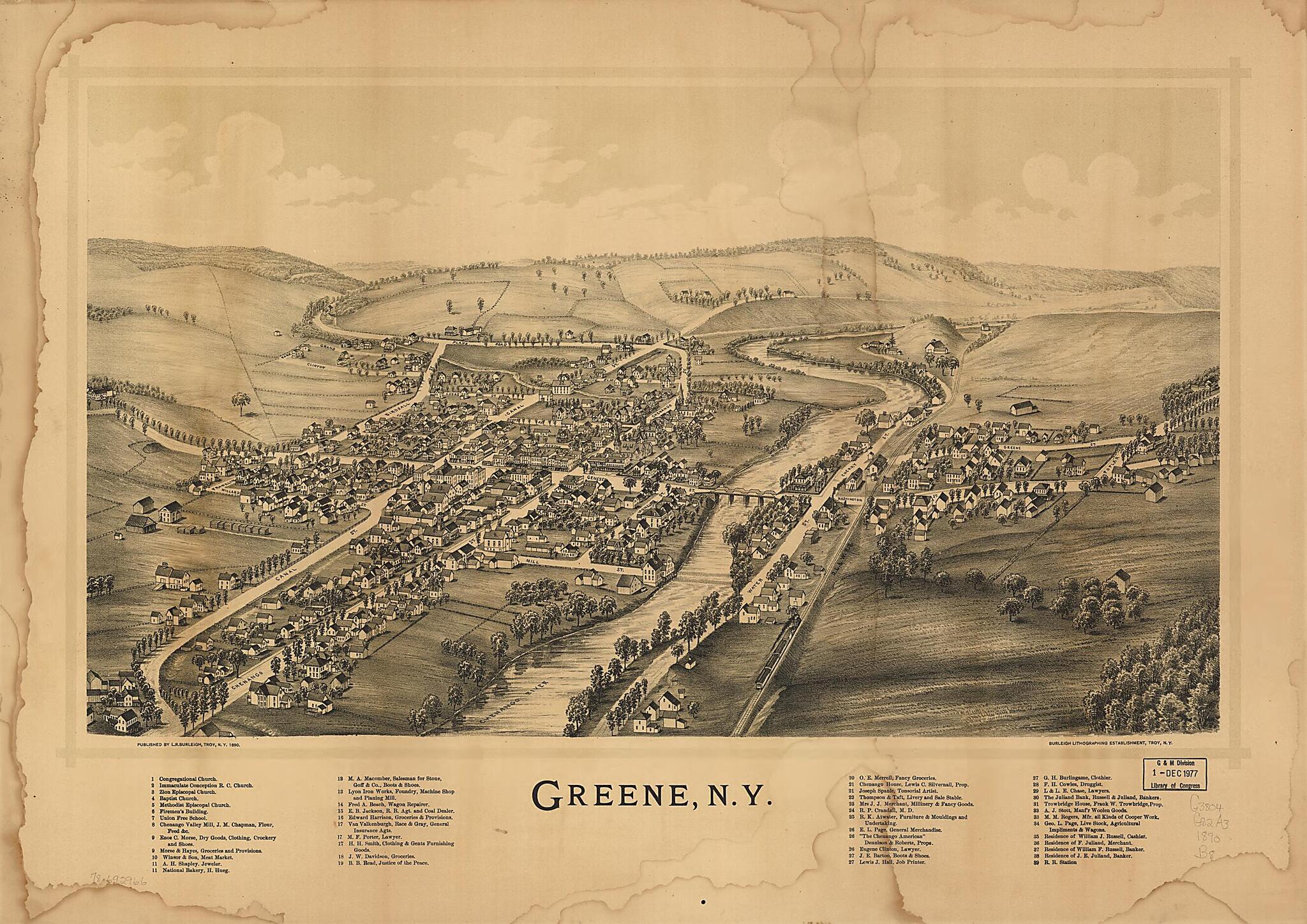 This old map of Greene, New York from 1890 was created by  Burleigh Litho, L. R. (Lucien R.) Burleigh in 1890