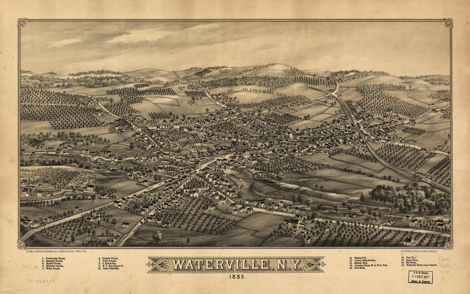 This old map of Waterville, New York, from 1885 was created by L. R. (Lucien R.) Burleigh,  C.H. Vogt (Firm) in 1885