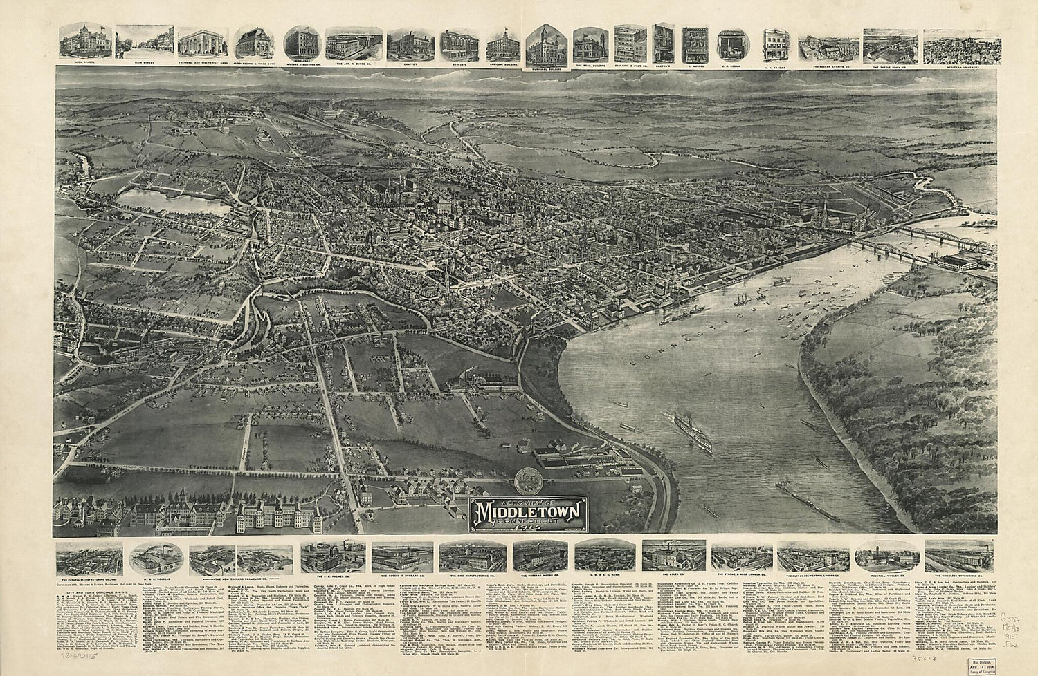 This old map of Aero View of Middletown, Connecticut, from 1915 was created by T. M. (Thaddeus Mortimer) Fowler,  Hughes &amp; Bailey in 1915