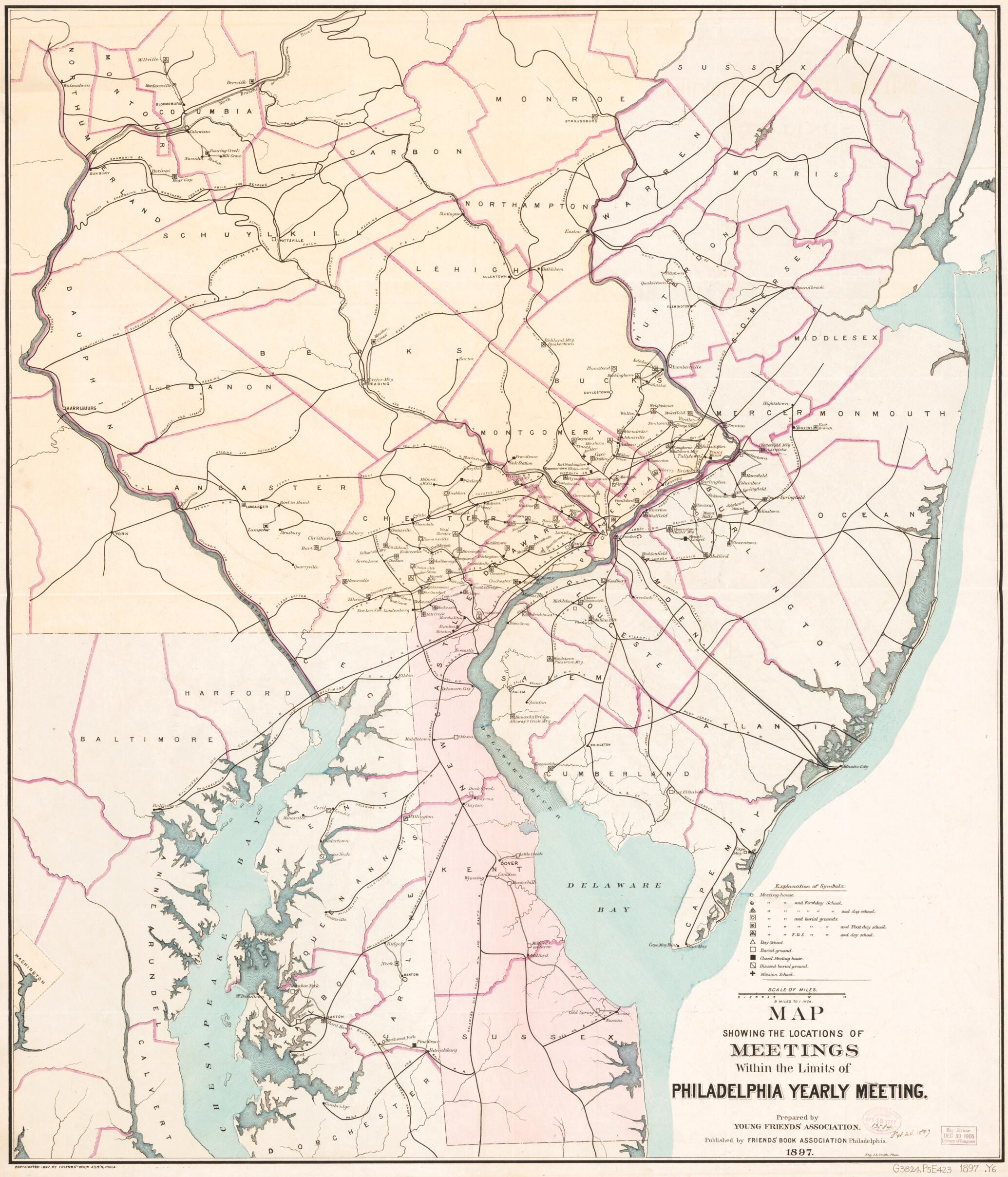 This old map of Map Showing the Locations of Meetings Within the Limits of Philadelphia Yearly Meeting from 1897 was created by  Friends&