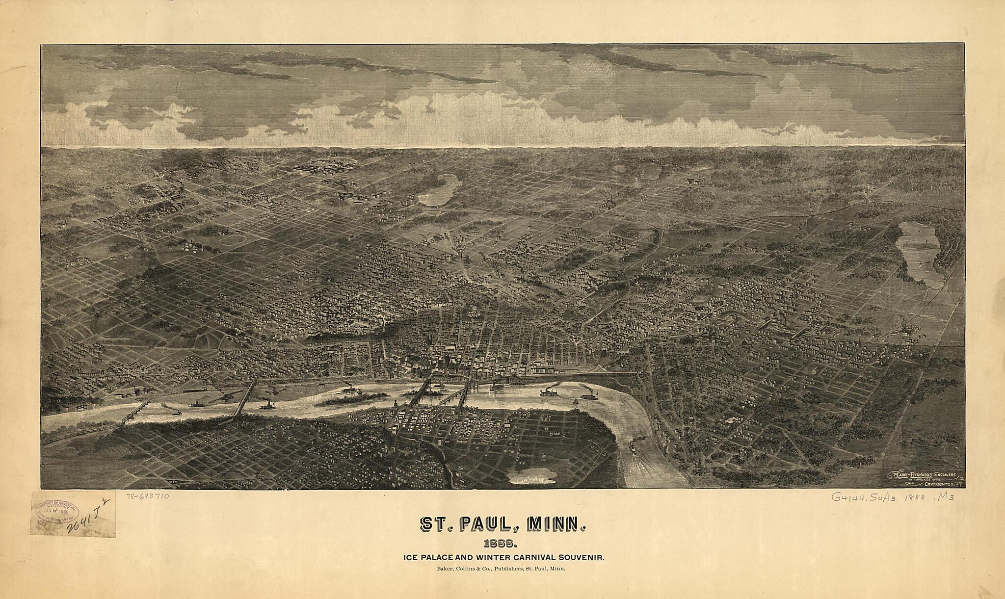 This old map of St. Paul, Minnesota : Ice Palace and Winter Carnival Souvenir from 1888 was created by Collins &amp; Co Baker,  Marr &amp; Richards Engraving Co in 1888