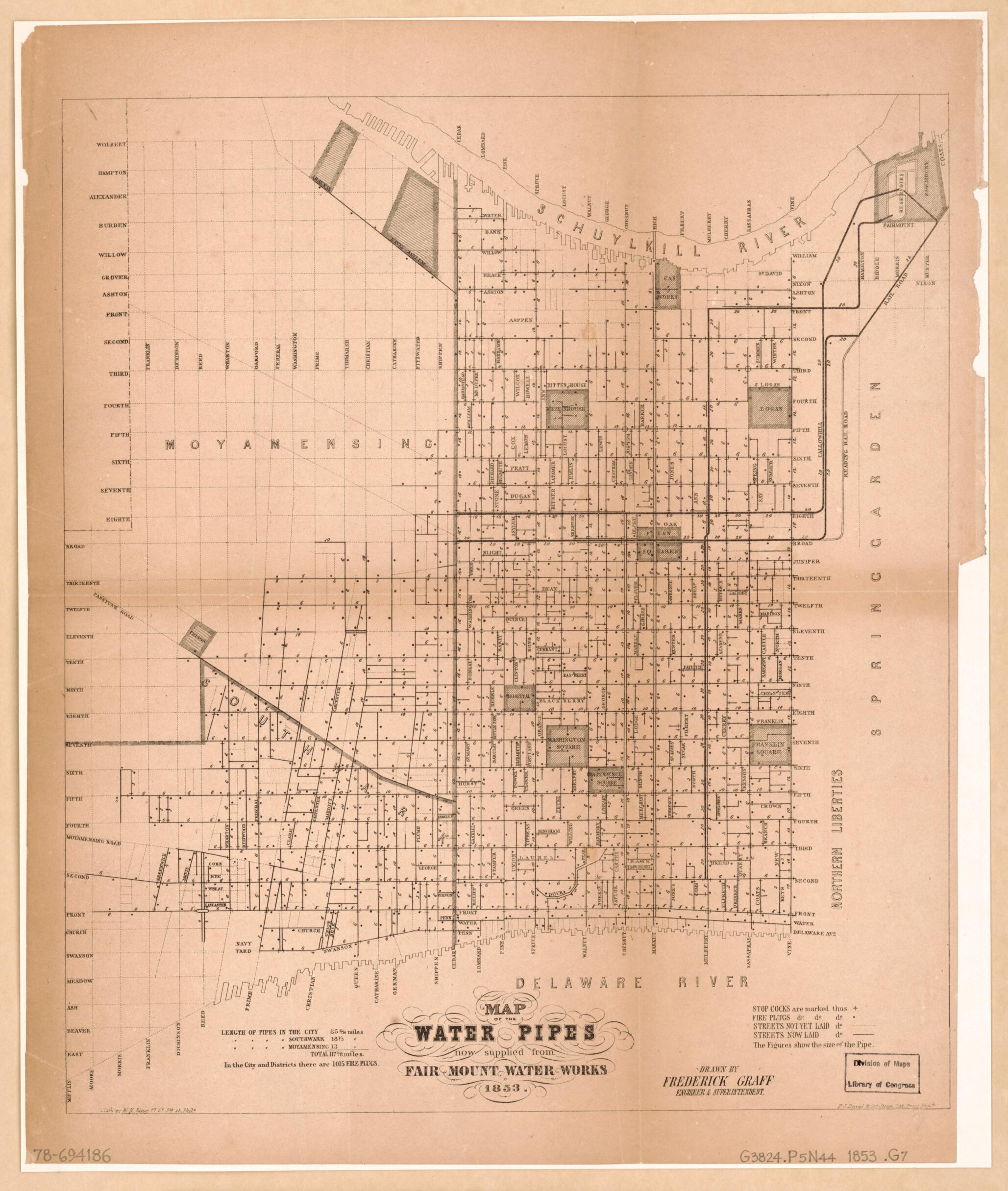 This old map of Map of the Water Pipes Now Supplied from Fair Mount Water Works, from 1853 was created by Frederick Graff,  P.S. Duval &amp; Co in 1853