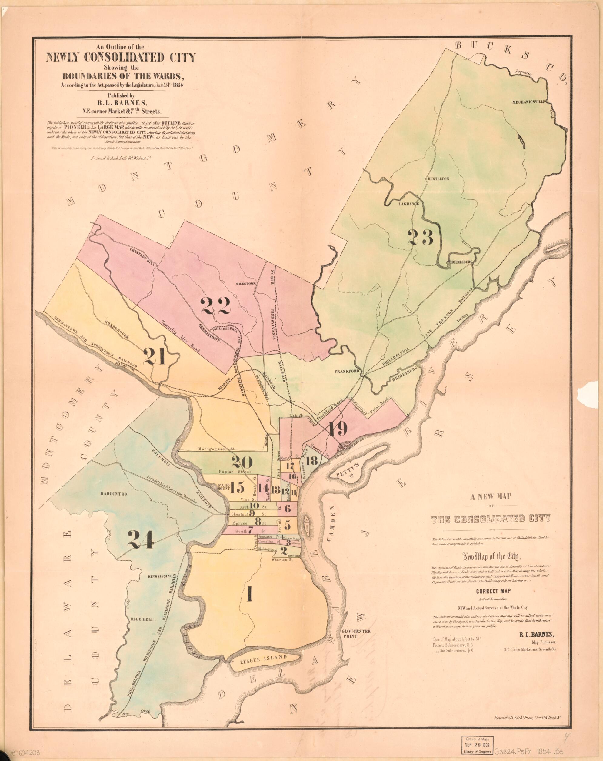 This old map of An Outline of the Newly Consolidated City, Showing the Boundaries of the Wards : According to the Act Passed by the Legislature, Jany. 31st, from 1854 was created by Rufus L. Barnes in 1854