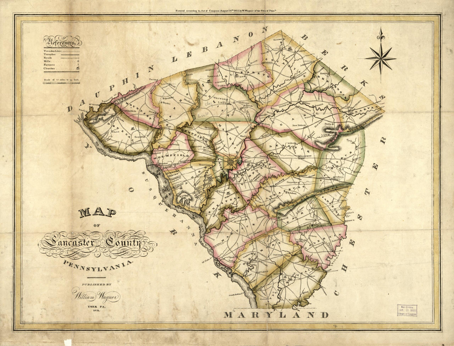 This old map of Map of Lancaster County, Pennsylvania from 1821 was created by William Wagner in 1821