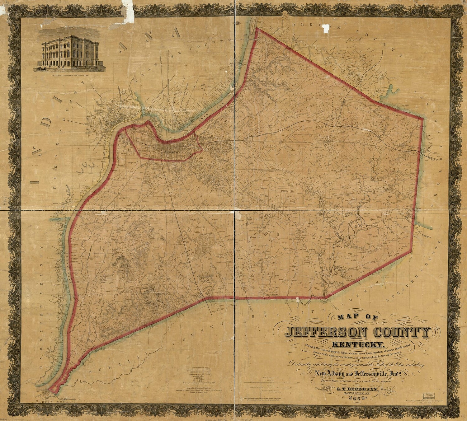 This old map of Houses, Roads, Water-courses, Distances, and the Topographical Features of the County : Distinctly Exhibiting the Country Around the Falls of the Ohio, Including New Albany and Jeffersonville, Inda from 1858 was created by G. T. Bergmann,