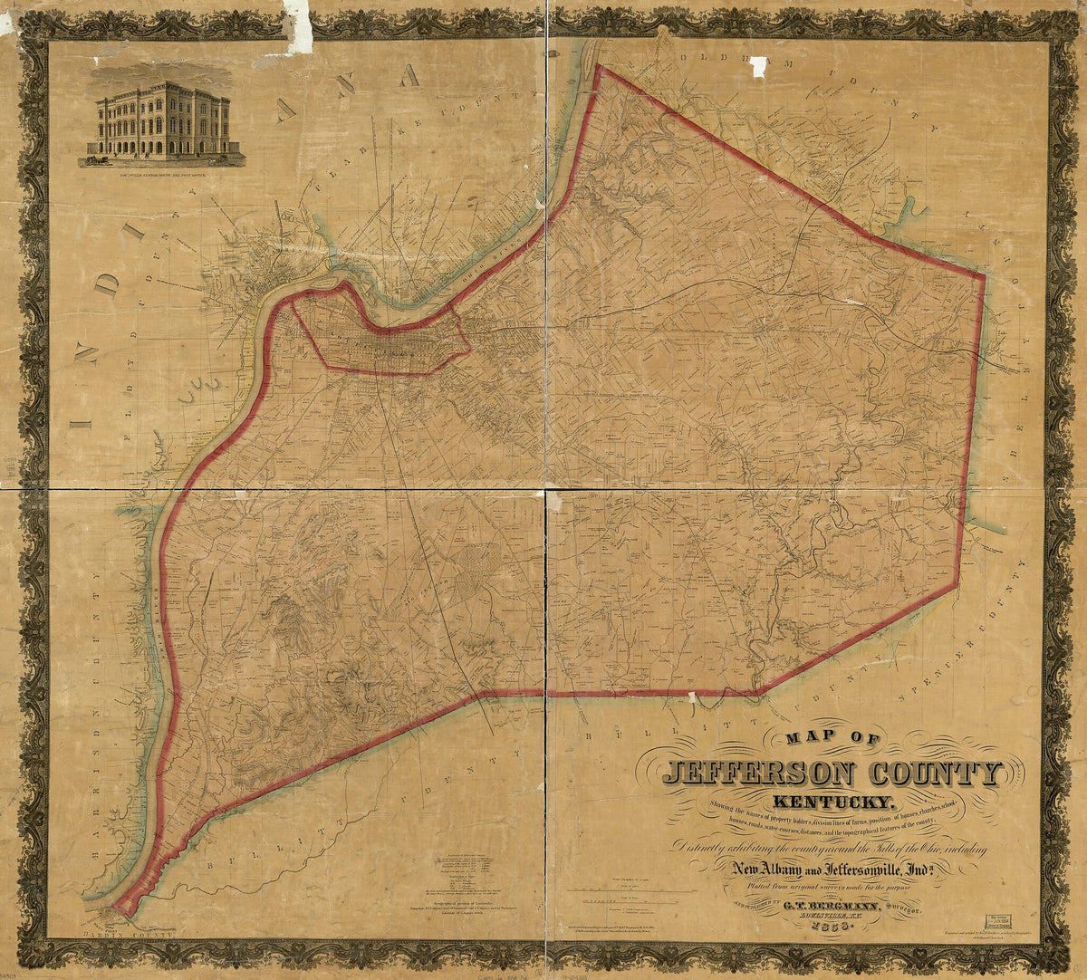 Houses, Roads, Water-courses, Distances, and the Topographical Features of the County : Distinctly Exhibiting the Country Around the Falls of the Ohio, Including New Albany and Jeffersonville, Inda 1858 by Relic Map Company