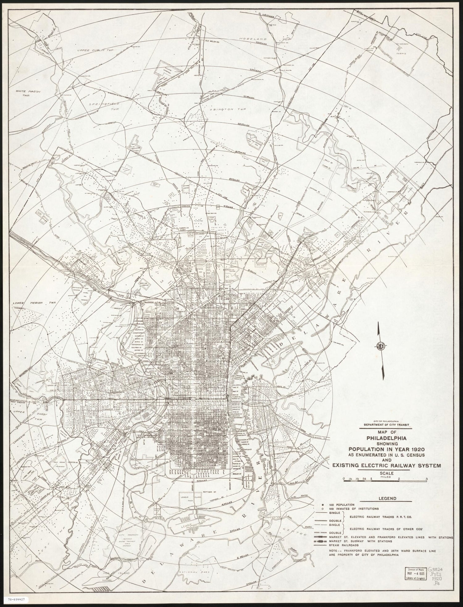 This old map of Map of Philadelphia Showing Population In Year 1920, As Enumerated In U.S. Census, and Existing Electric Railway System from 1921 was created by  Philadelphia. Department of City Transit in 1921