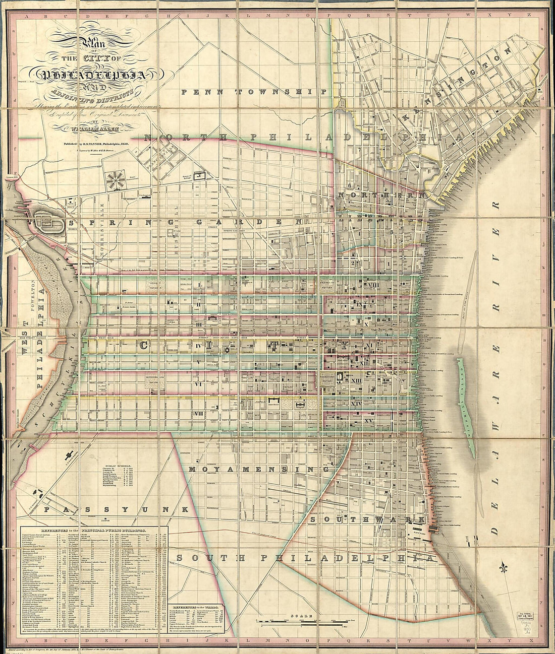 This old map of Plan of the City of Philadelphia and Adjoining Districts : Shewing the Existing and Contemplated Improvements from 1830 was created by William Allen, E. B. Dawson, Henry Schenck Tanner in 1830