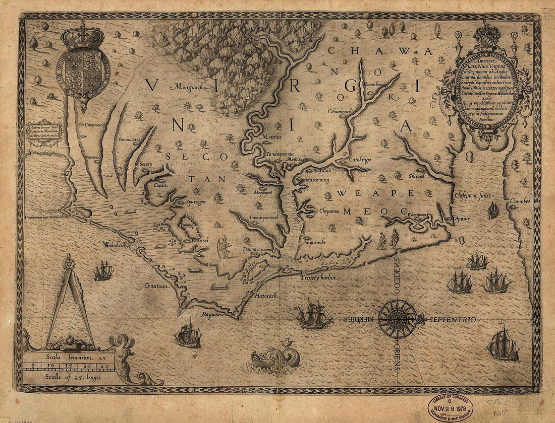 This old map of Americæ Pars, Nunc Virginia Dicta : Primum Ab Anglis Inuenta, Sumtibus Dn. Walteri Raleigh, Equestris Ordinis Viri, Anno Dn̄i. MDLXXXV Regni Vero Sereniss. Nostræ Reginæ Elisabethæ XXVII, Hujus Vero Historia Peculiari Libro Descripta