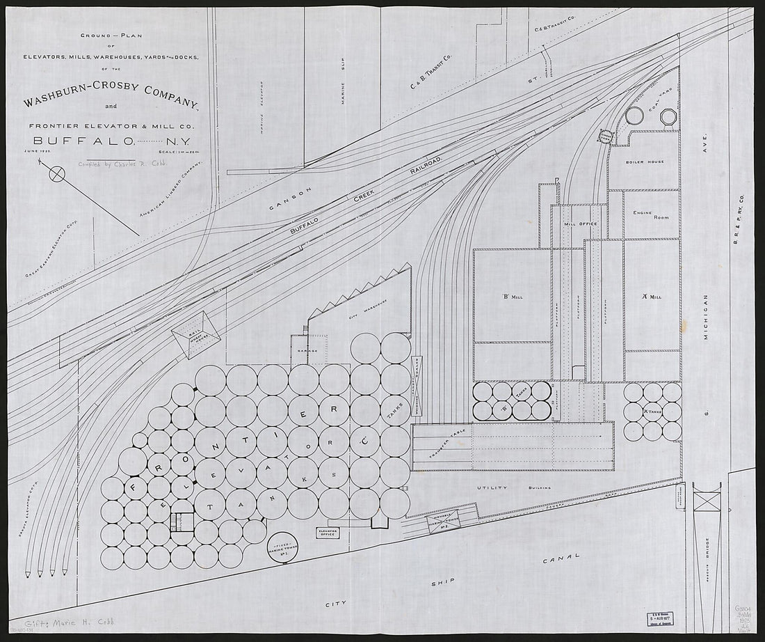 This old map of Plan of Elevators, Mills, Warehouses, Yards and Docks of the Washburn-Crosby Company and Frontier Elevator &amp; Mill County, Buffalo, New York from 1925 was created by Charles R. Cobb,  Frontier Elevator &amp; Mill Co,  Crosby Co in 1925