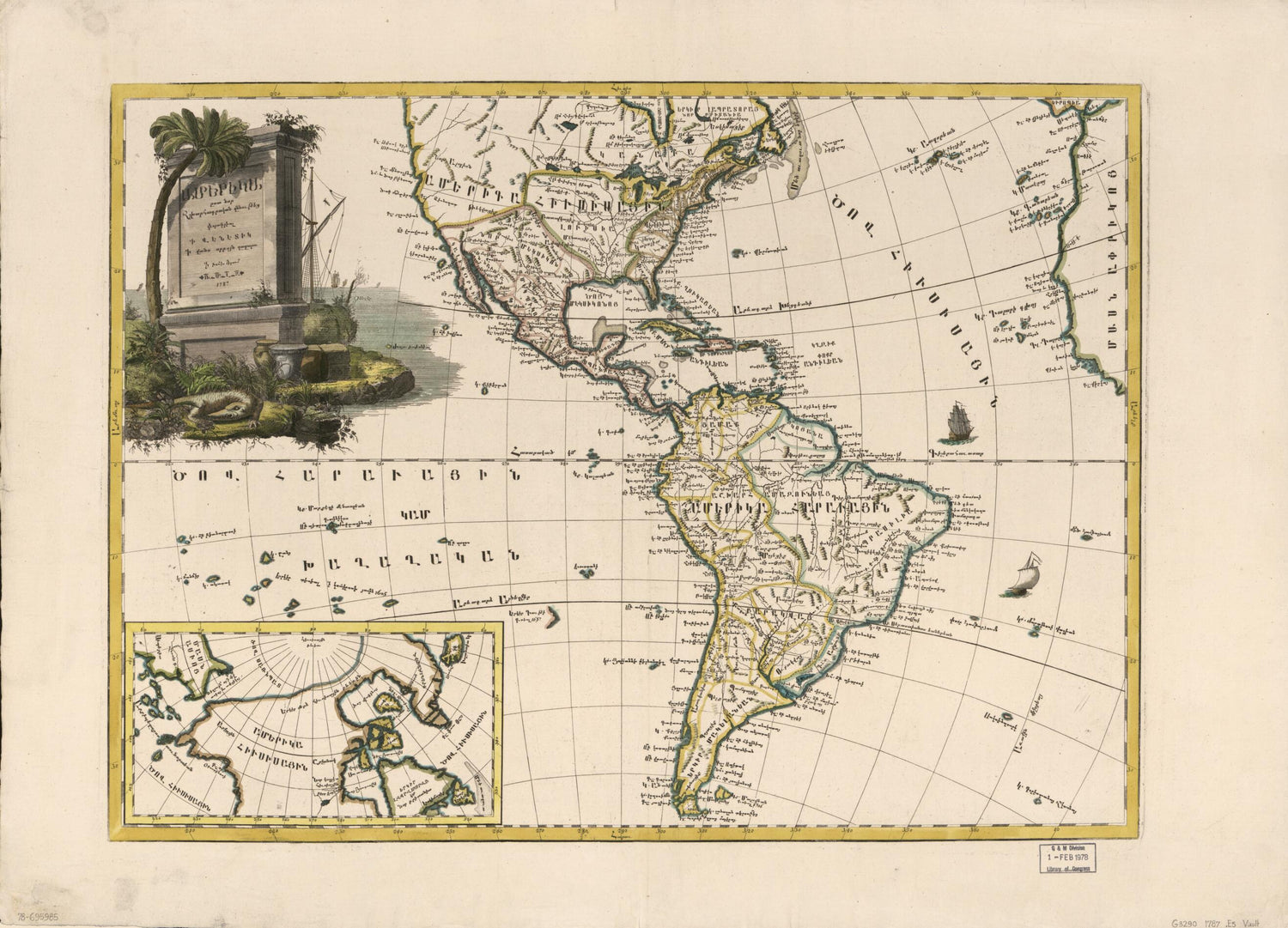 This old map of Amerika, ěst Nor Ashkharhagrakan Znnutʻeantsʻ : Pʻoragreal I Vēnētik I Vans Srboyn Ghazaru I Tʻuis Merum 1236, from 1787 was created by Elia Endasian,  Mkhitʻarean Miabanutʻiwn I Venetik in 1787