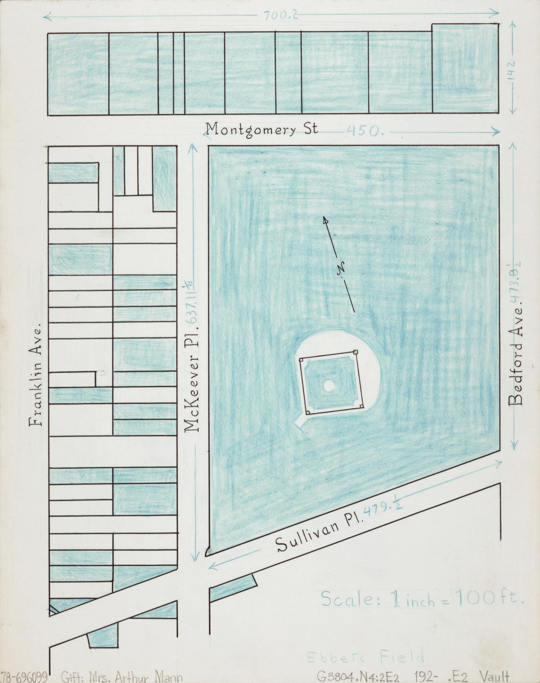 This old map of Ebbets Field from 1920 was created by Arthur Mann in 1920