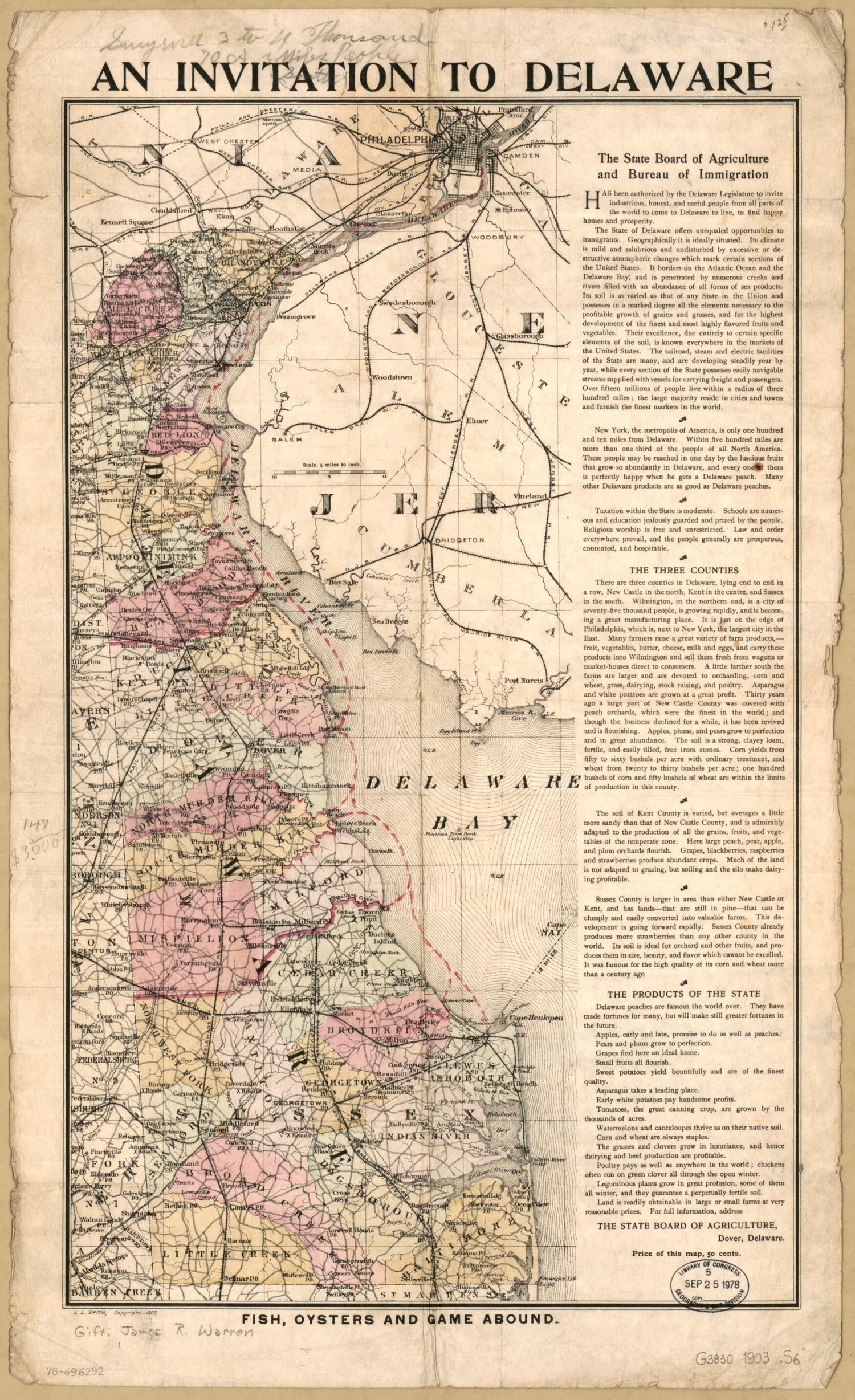 This old map of An Invitation to Delaware from 1903 was created by  Delaware. State Board of Agriculture, John L. Smith in 1903