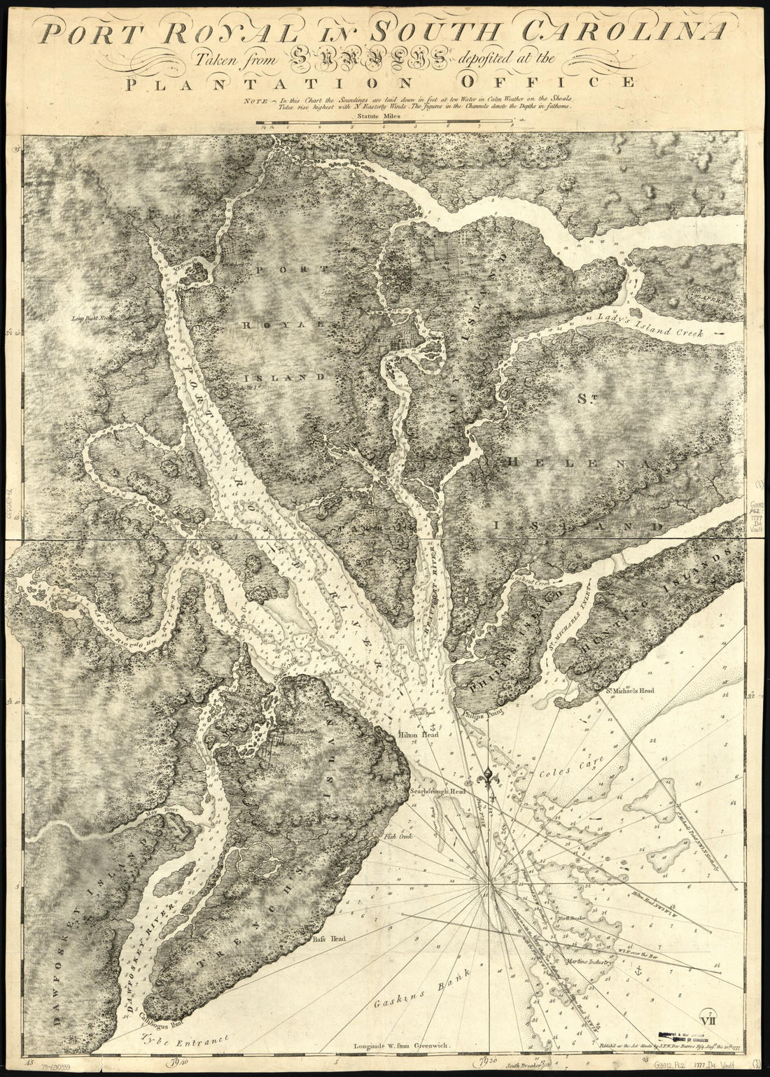 This old map of Port Royal In South Carolina : Taken from Surveys Deposited at the Plantation Office from 1777 was created by Joseph F. W. (Joseph Frederick Wallet) Des Barres in 1777