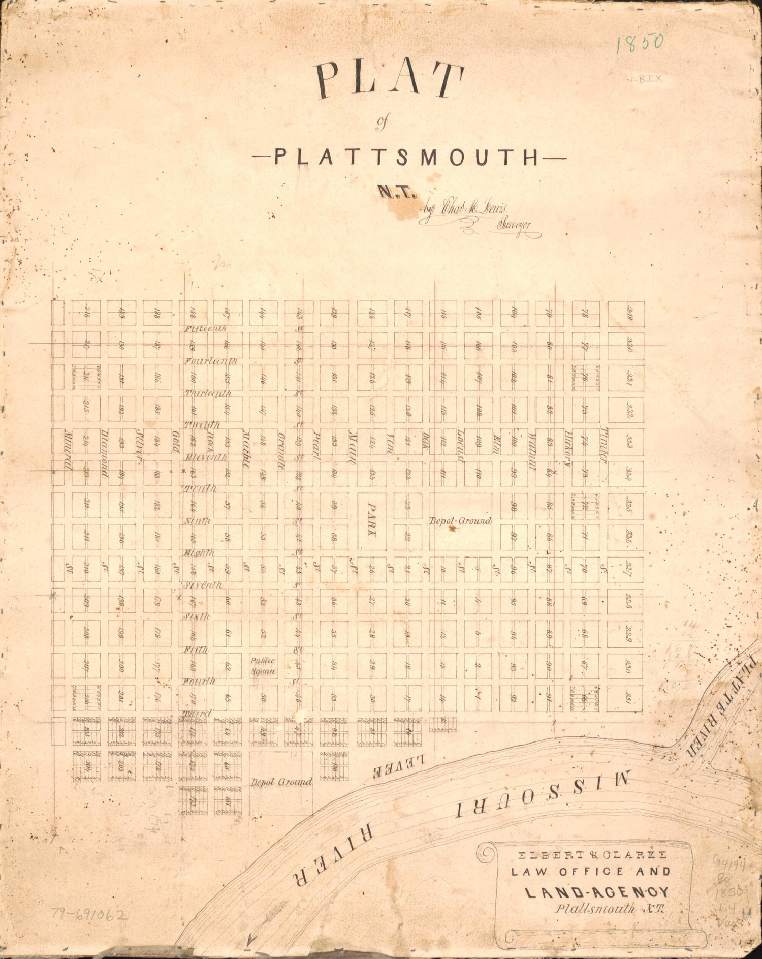This old map of Plat of Plattsmouth, N.T from 1850 was created by  Elbert &amp; Clarke, Charles M. Lewis in 1850
