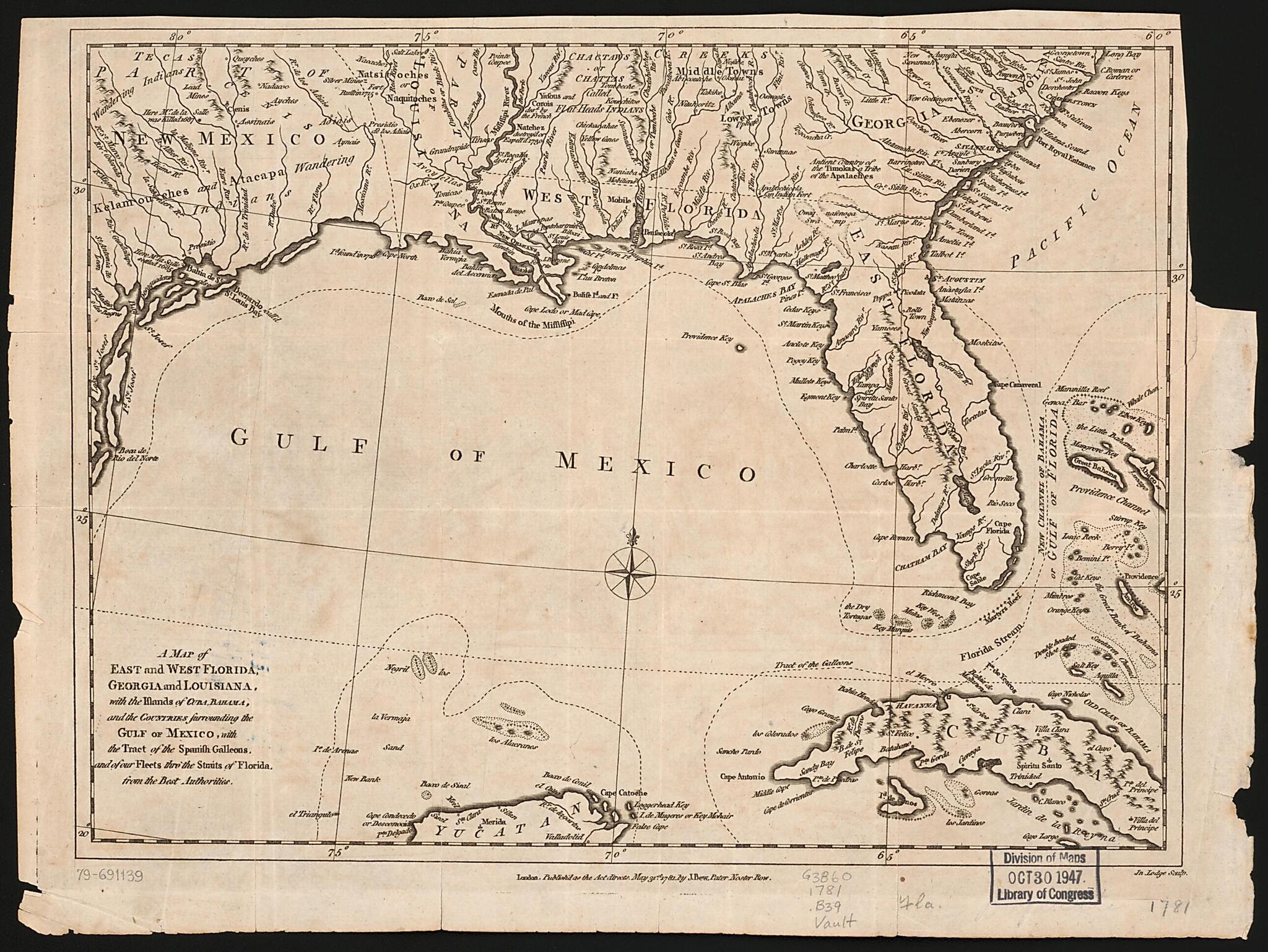 This old map of A Map of East and West Florida, Georgia, and Louisiana : With the Islands of Cuba, Bahama, and the Countries Surrounding the Gulf of Mexico, With the Tract of the Spanish Galleons, and of Our Fleets Thro&