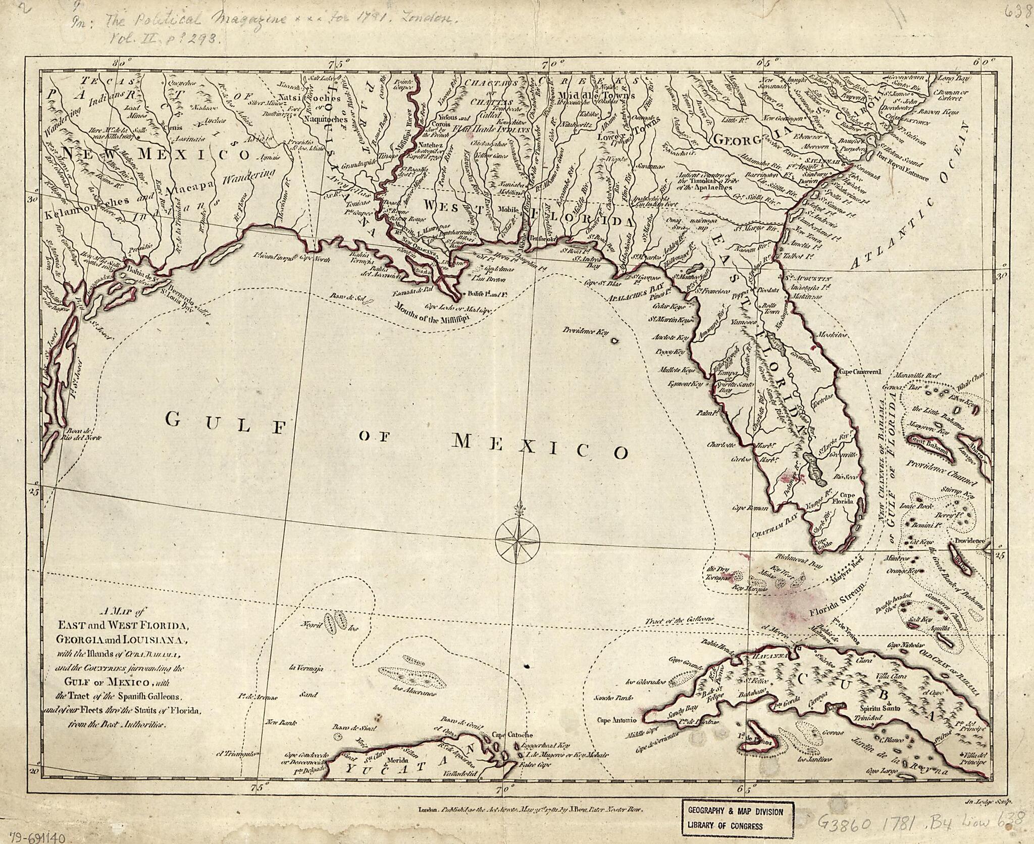 This old map of A Map of East and West Florida, Georgia, and Louisiana : With the Islands of Cuba, Bahama, and the Countries Surrounding the Gulf of Mexico, With the Tract of the Spanish Galleons, and of Our Fleets Thro&