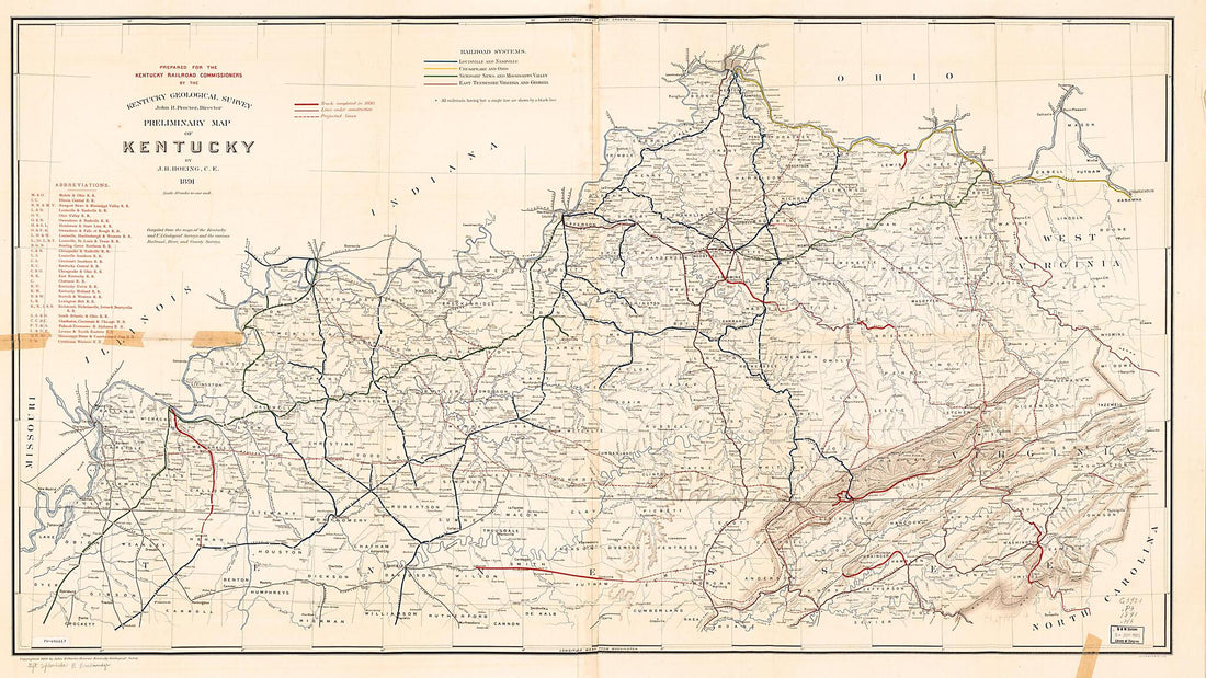 This old map of Preliminary Map of Kentucky from 1891 was created by Joseph Bernard Hoeing,  Kentucky Geological Survey,  Kentucky. Railroad Commission in 1891