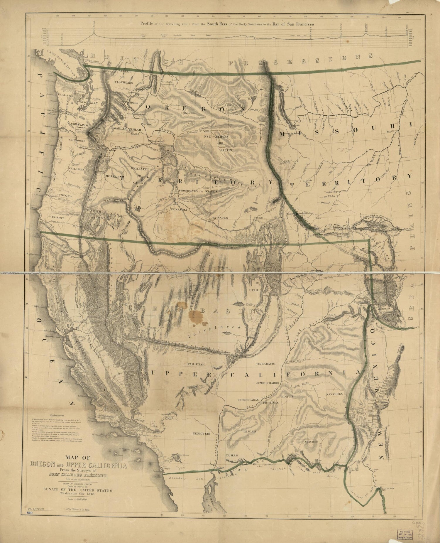 This old map of Map of Oregon and Upper California from the Surveys of John Charles Frémont and Other Authorities from 1848 was created by Stephen A. (Stephen Arnold) Douglas,  Edward Weber &amp; Co, Millard Fillmore, John Charles Frémont, Charles Preuss, 