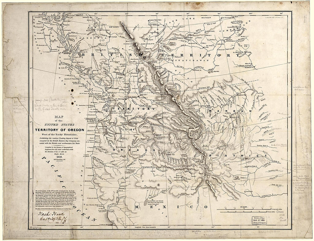 This old map of Map of the United States, Territory of Oregon, West of the Rocky Mountains, Exhibiting the Various Trading Depots Or Forts Occupied by the British Hudson Bay Company, Connected With the Western and Northwestern Fur Trade from 1838 was cre