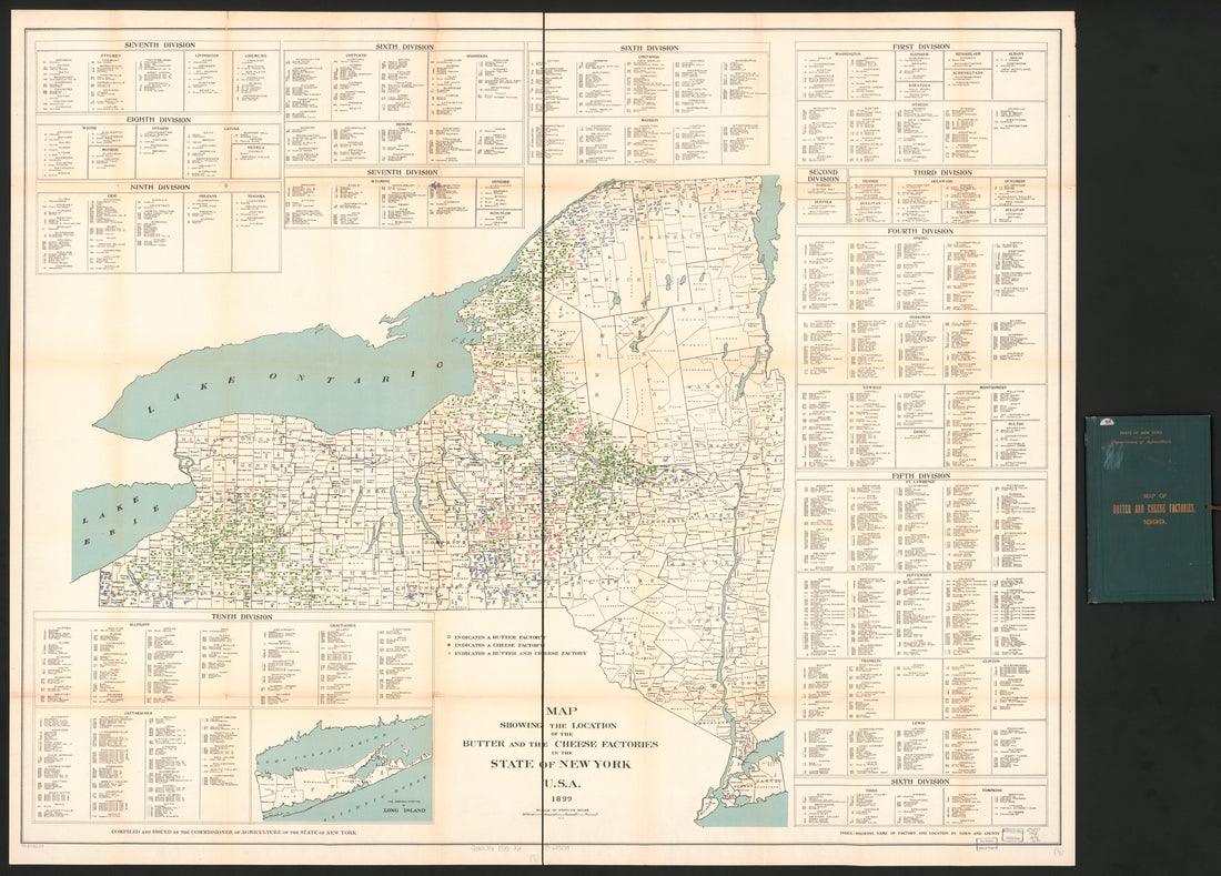 This hand drawn illustration (map) of Map Showing the Location of the Butter and the Cheese Factories In the State of New York, U.S.A., 1889 in from 1899 was created by  New York (State). Department of Agriculture in 1899