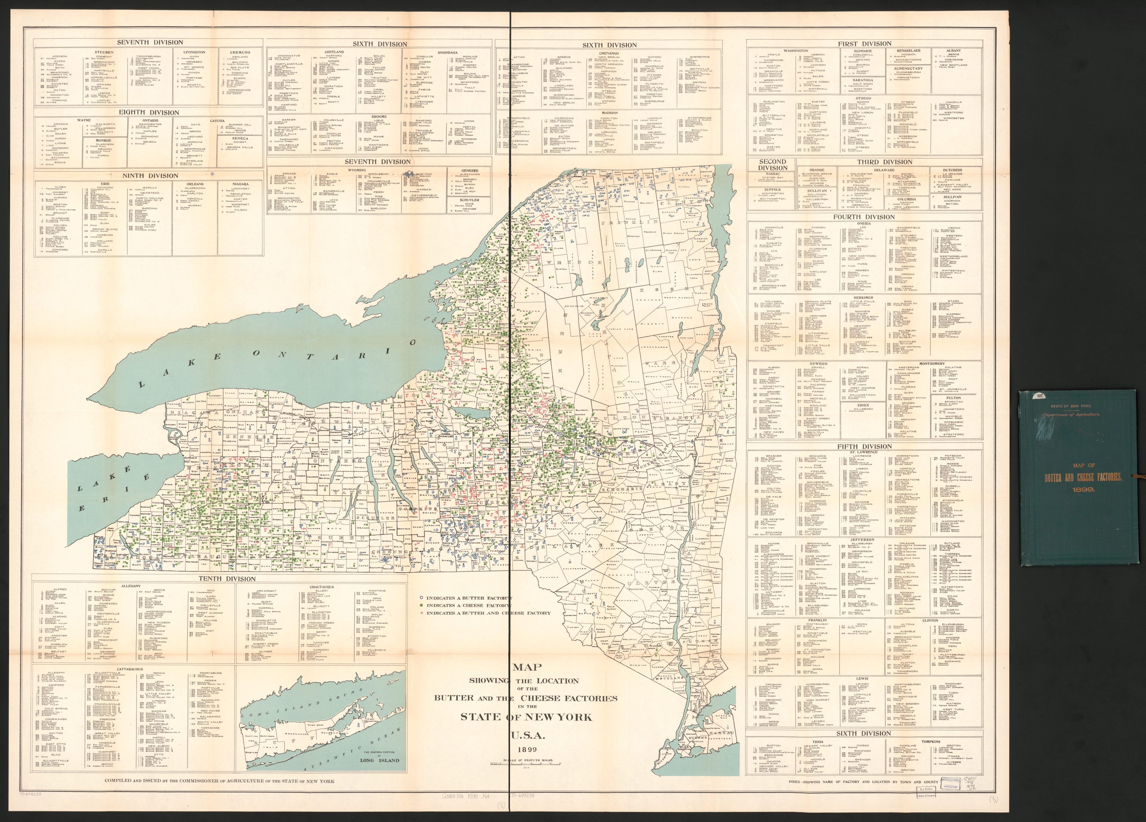 This hand drawn illustration (map) of Map Showing the Location of the Butter and the Cheese Factories In the State of New York, U.S.A., 1889 in from 1899 was created by  New York (State). Department of Agriculture in 1899