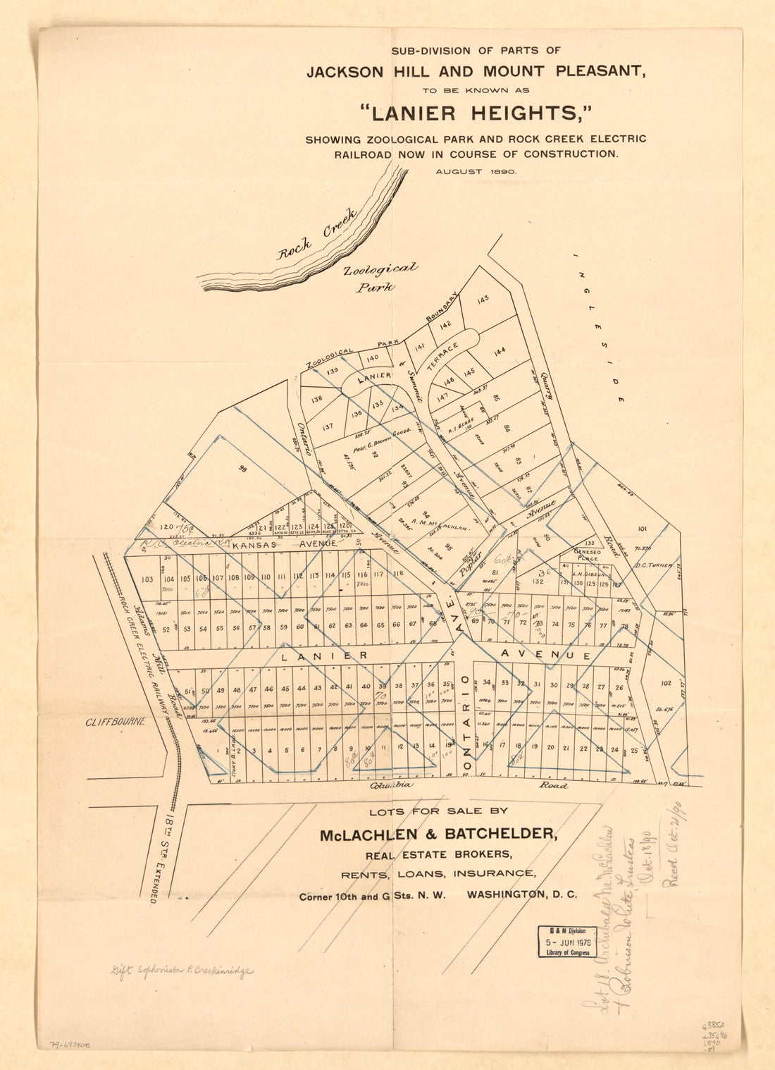 This old map of Division of Parts of Jackson Hill and Mount Pleasant, to Be Known As Lanier Heights : Showing Zoological Park and Rock Creek Electric Railroad Now In Course of Construction, August from 1890 was created by  McLachlen &amp; Batchelder in 1890