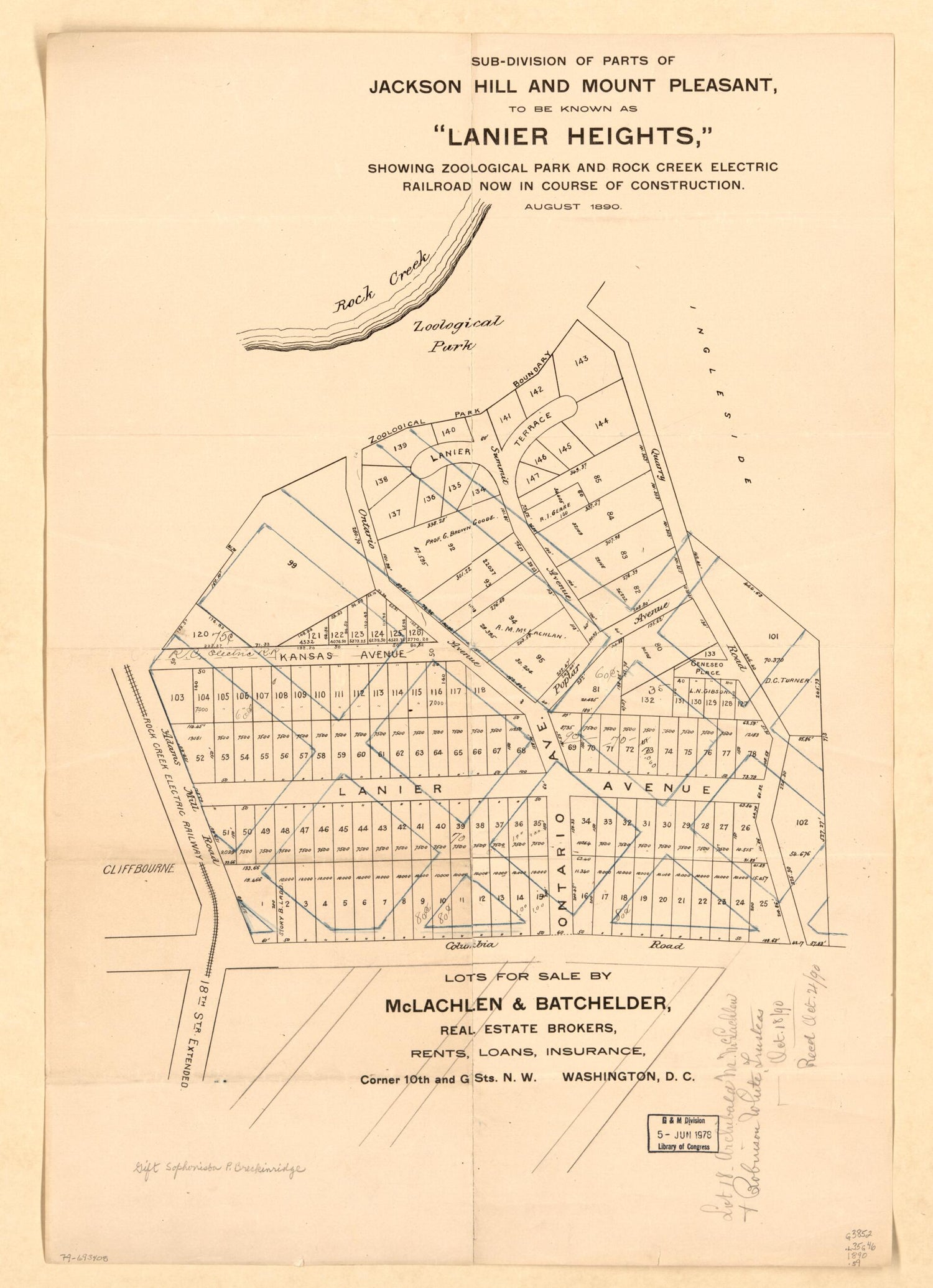 This old map of Division of Parts of Jackson Hill and Mount Pleasant, to Be Known As Lanier Heights : Showing Zoological Park and Rock Creek Electric Railroad Now In Course of Construction, August from 1890 was created by  McLachlen &amp; Batchelder in 1890