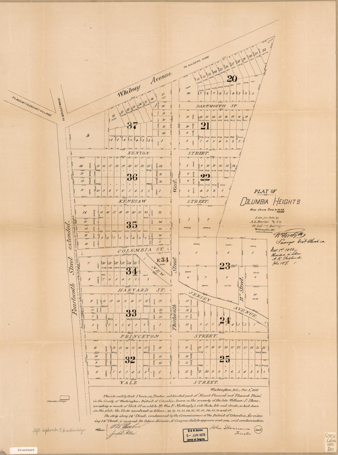 This old map of Plat of Columbia Heights : Hon. John Sherman, Trustee from 1881 was created by  A.L. Barber and Co,  District of Columbia. Office of the Surveyor, William Forsyth, John Sherman in 1881