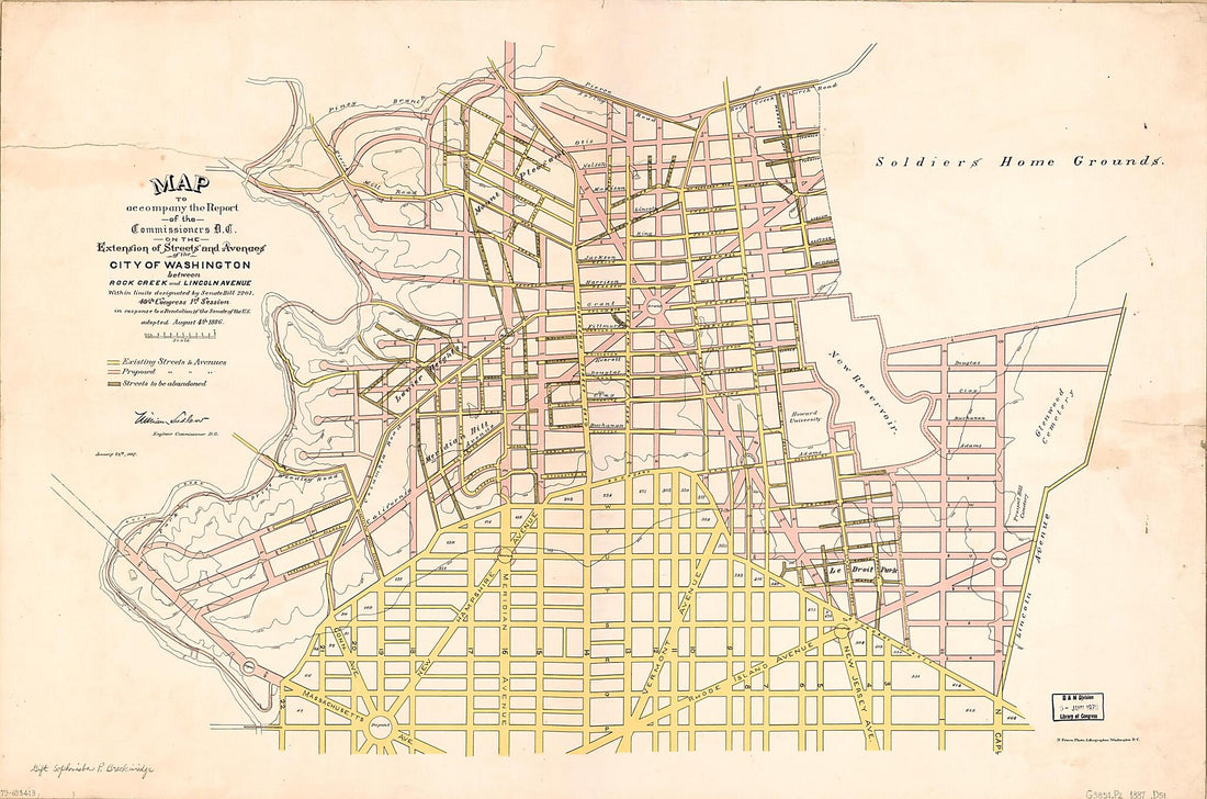 This old map of Map to Accompany the Report of the Commissioners D.C. On the Extension of Streets and Avenues of the City of Washington Between Rock Creek and Lincoln Avenue : Within Limits Designated by Senate Bill 2201, 49th Congress, 1st Session, In R