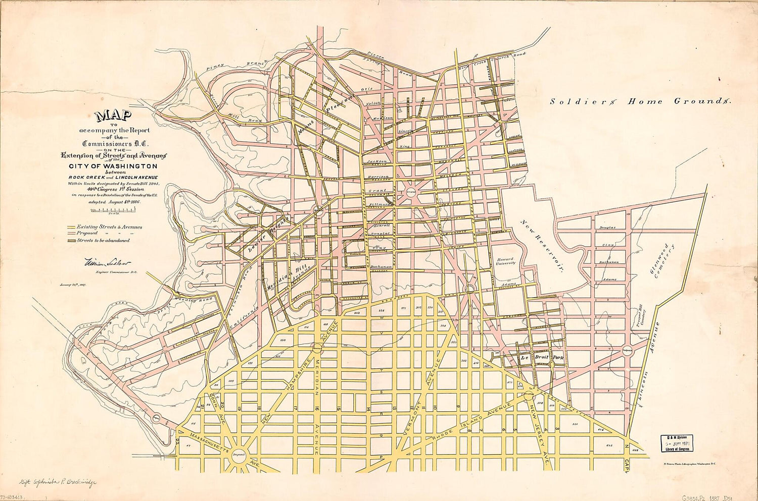 This old map of Map to Accompany the Report of the Commissioners D.C. On the Extension of Streets and Avenues of the City of Washington Between Rock Creek and Lincoln Avenue : Within Limits Designated by Senate Bill 2201, 49th Congress, 1st Session, In R