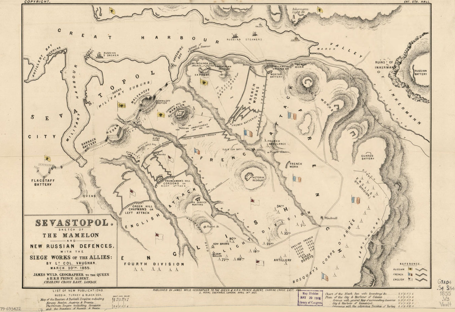 This old map of Sevastopol, Sketch of the Mamelon and New Russian Defences, With the Siege Works of the Allies from 1855 was created by Millard Fillmore, Eugene James Vaughan, James Wyld in 1855
