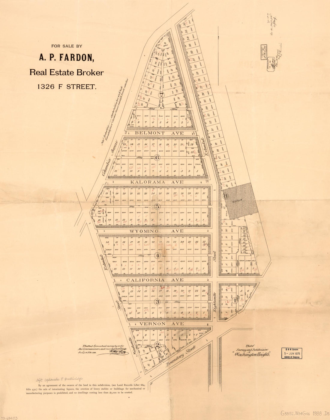 This old map of Plat of Survey and Subdivision of Washington Heights from 1888 was created by  District of Columbia. Board of Commissioners,  District of Columbia. Office of the Surveyor, A. P. Fardon, William Forsyth in 1888